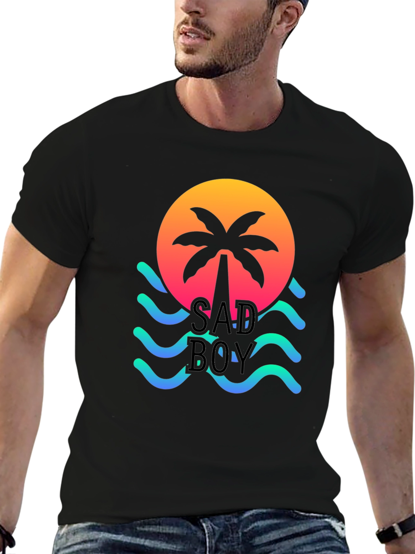 Sad Boy Graphic Tee - Sunset Palm Wave Design