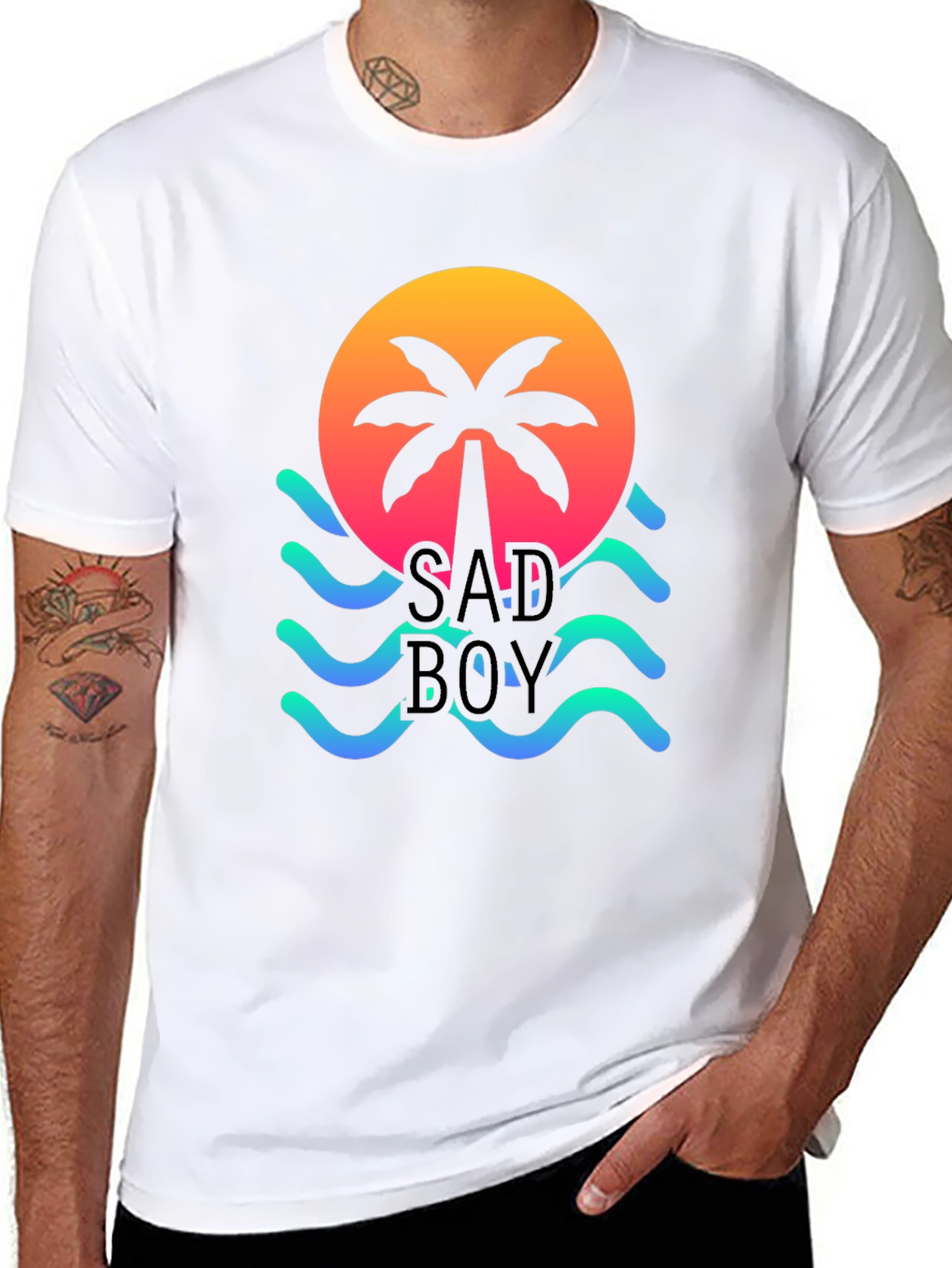 Sad Boy Graphic Tee - Sunset Palm Wave Design