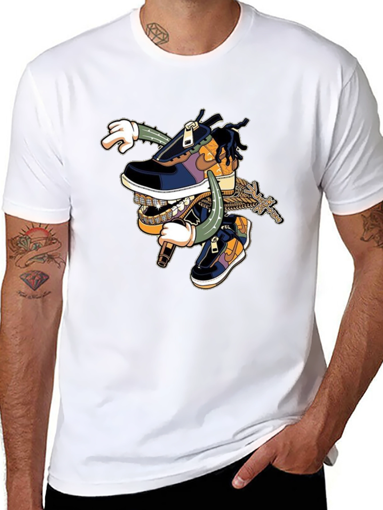 Black T-Shirt with Cartoon Shoe Design