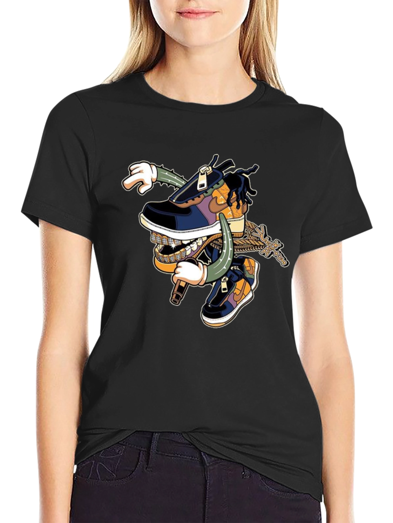 Black T-Shirt with Cartoon Shoe Design