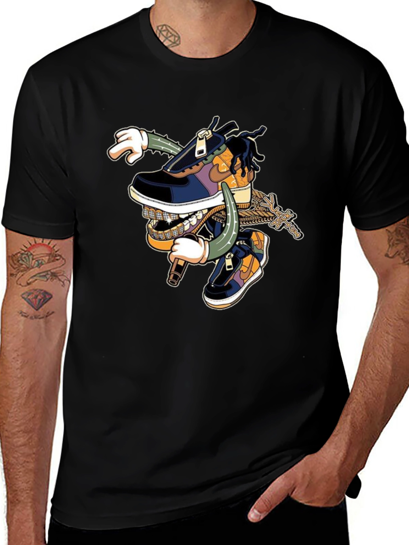 Black T-Shirt with Cartoon Shoe Design