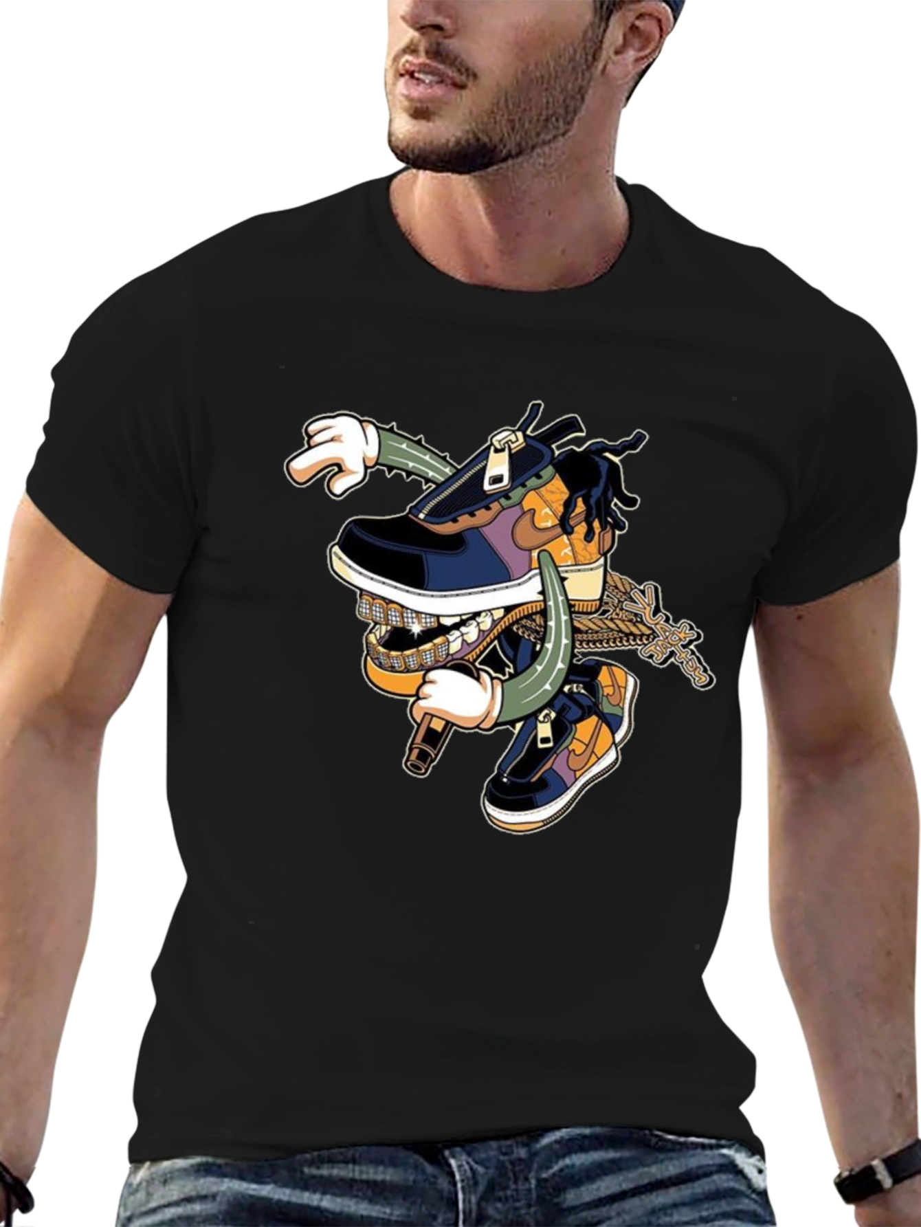 Black T-Shirt with Cartoon Shoe Design