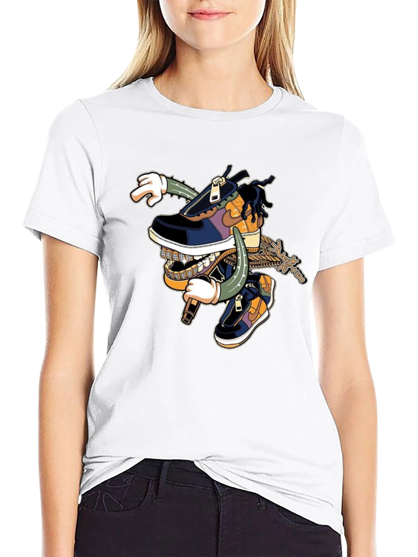 Black T-Shirt with Cartoon Shoe Design