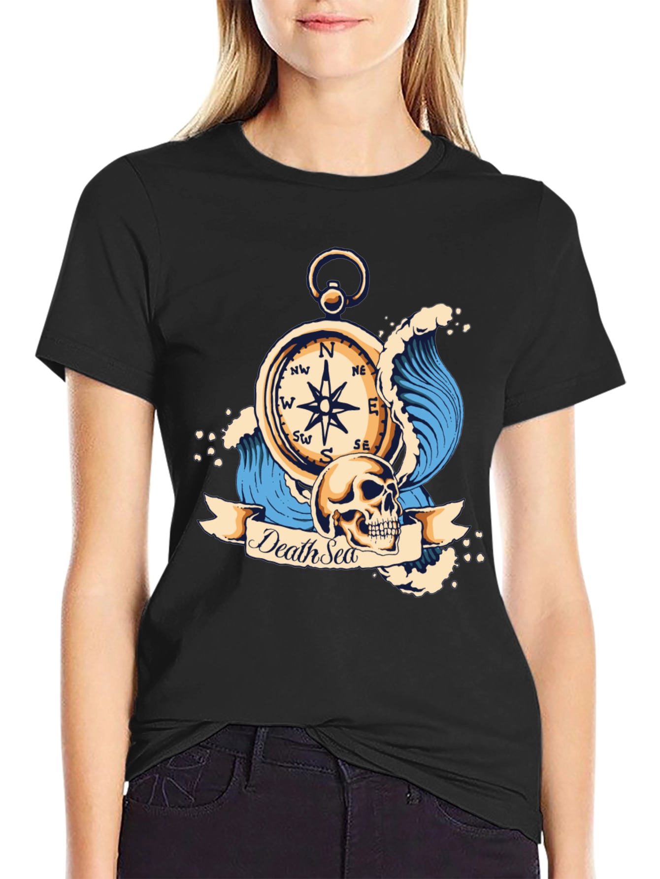 Death Sea Skull Compass Graphic Tee - Black