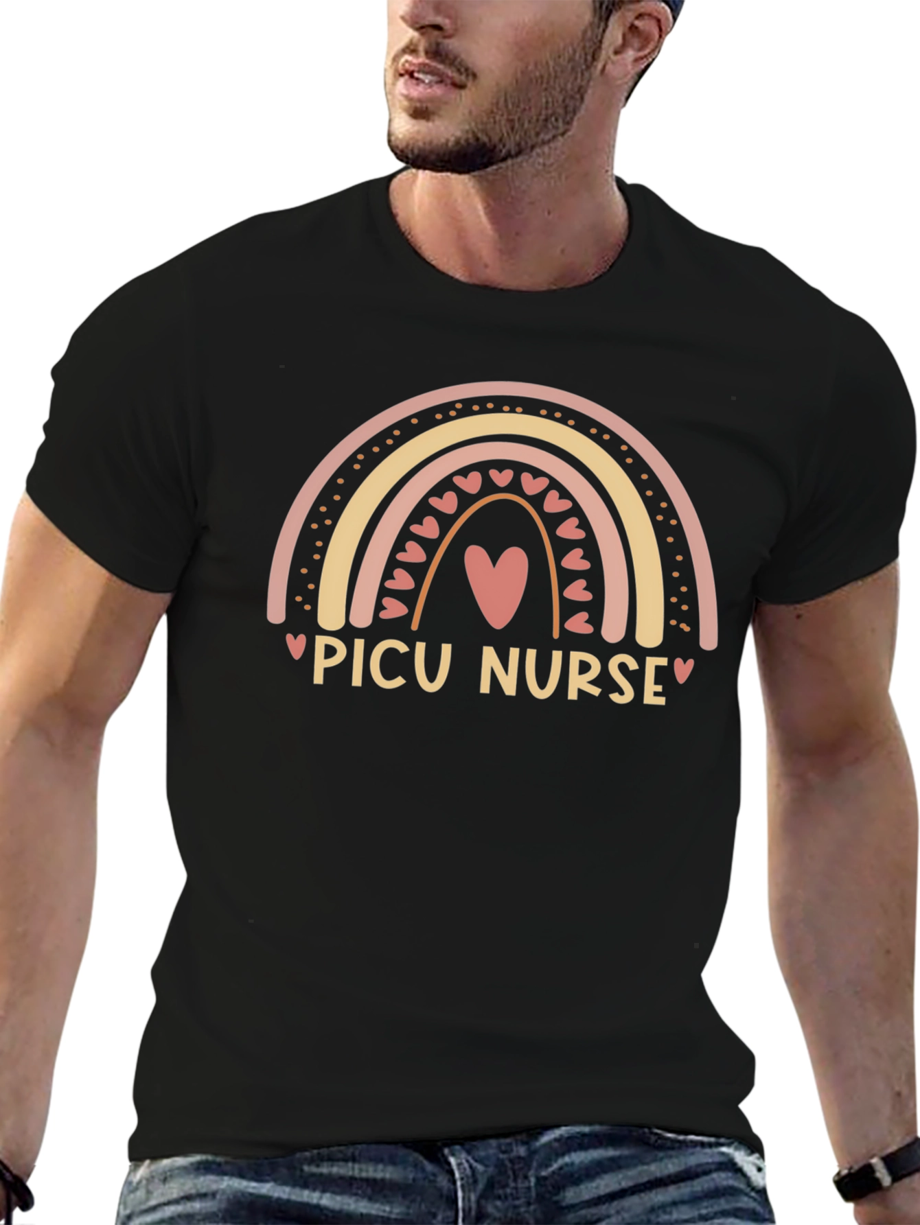 PICU Nurse Rainbow Heart T-Shirt - Black Cotton