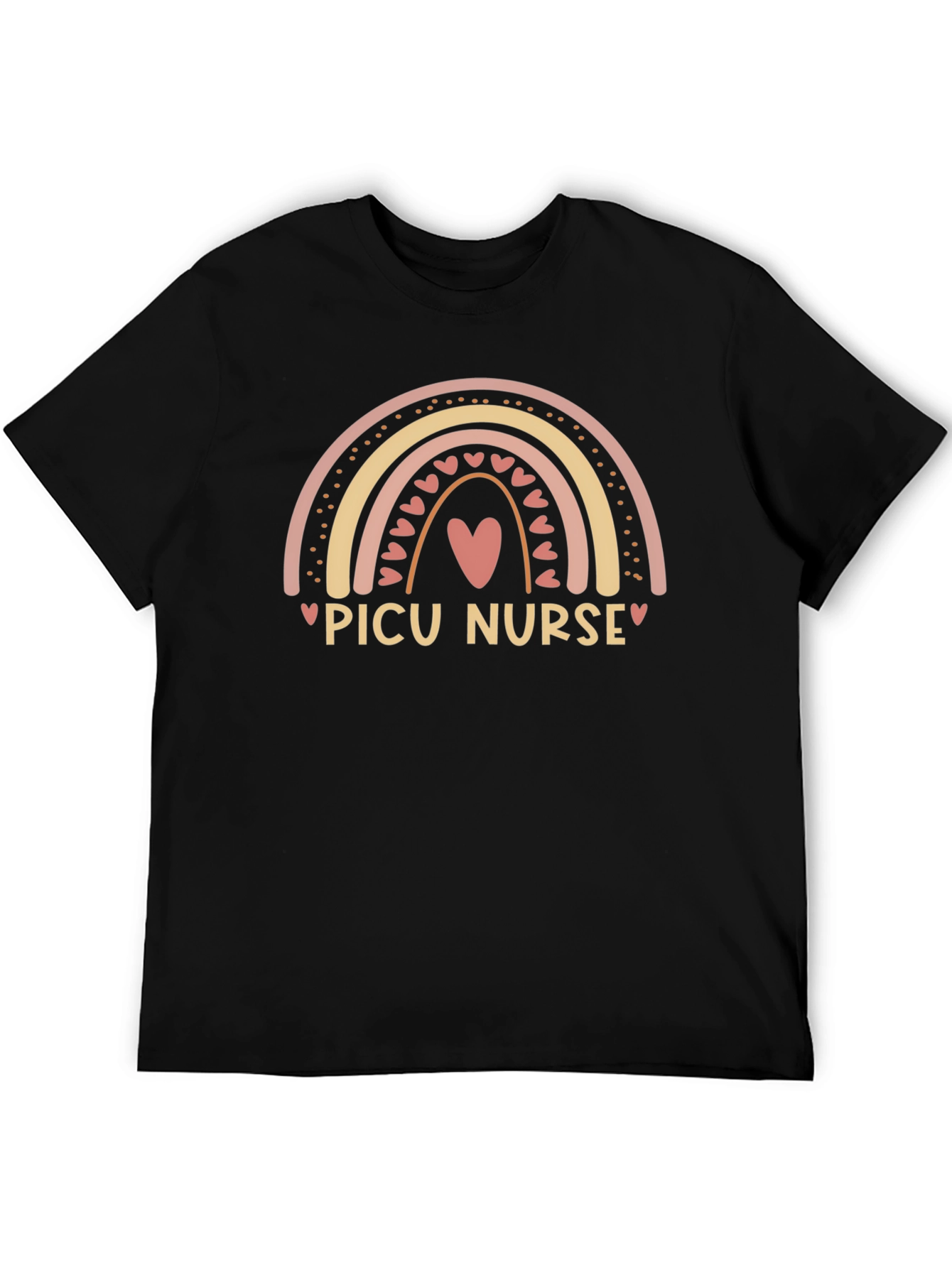 PICU Nurse Rainbow Heart T-Shirt - Black Cotton