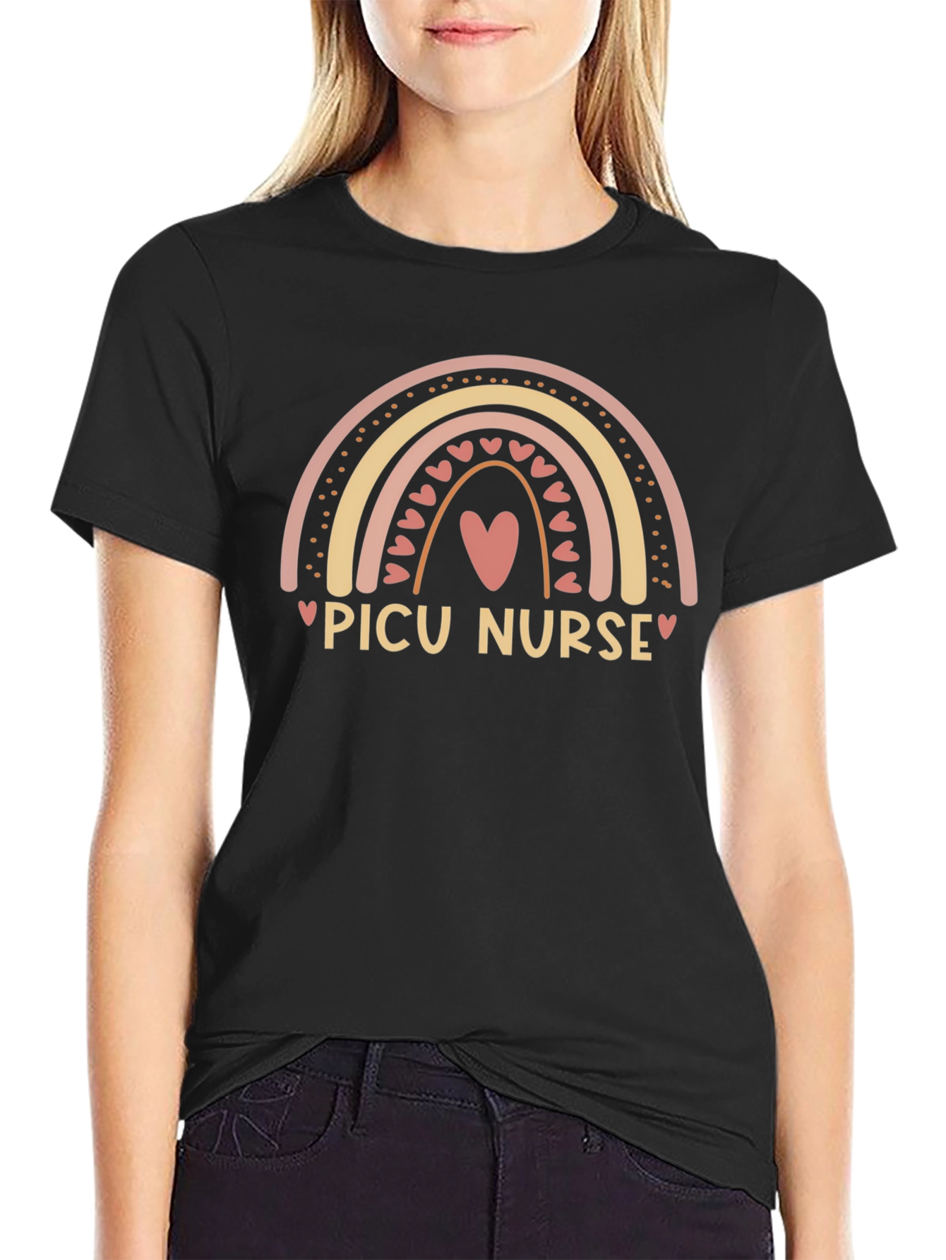PICU Nurse Rainbow Heart T-Shirt - Black Cotton