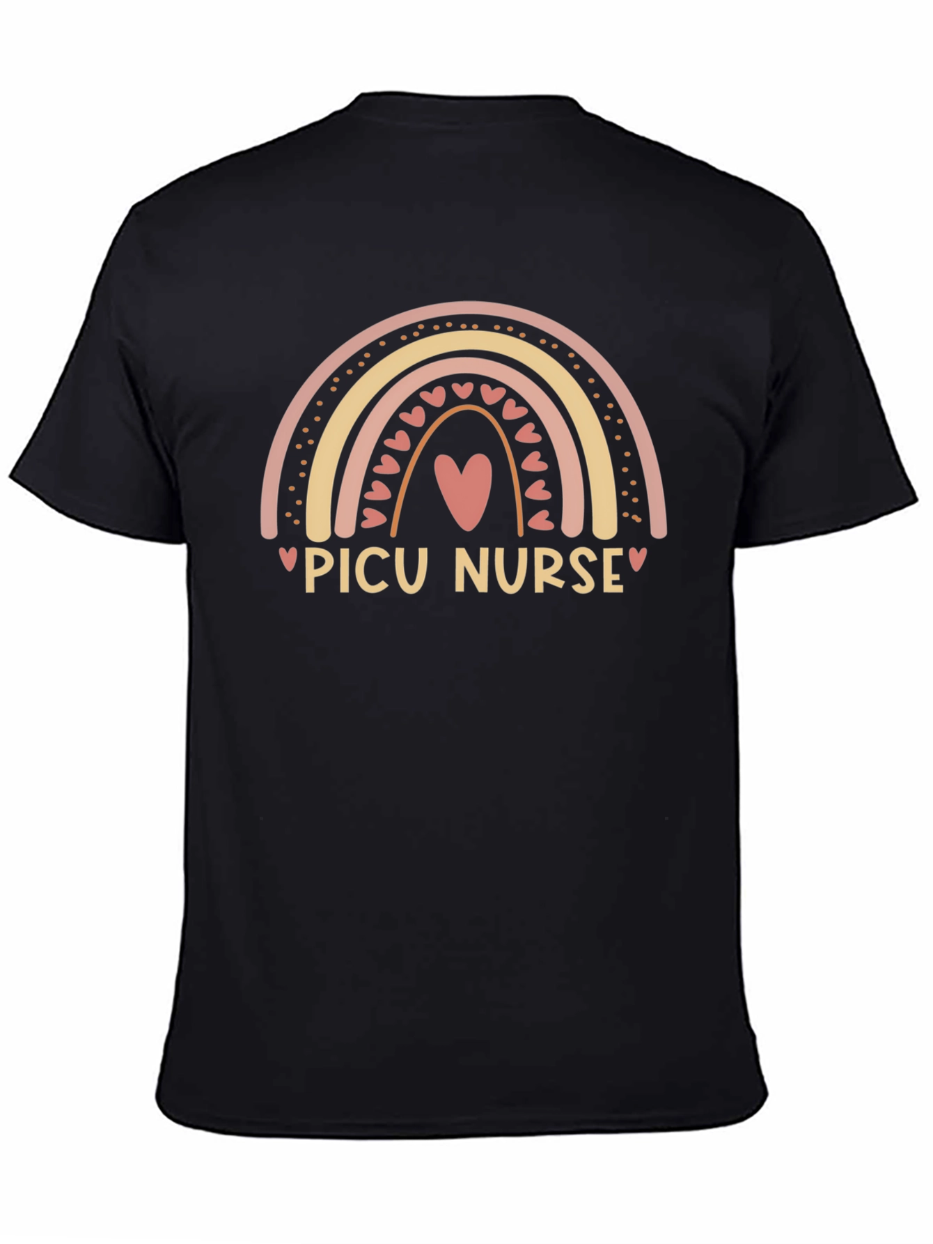 PICU Nurse Rainbow Heart T-Shirt - Black Cotton