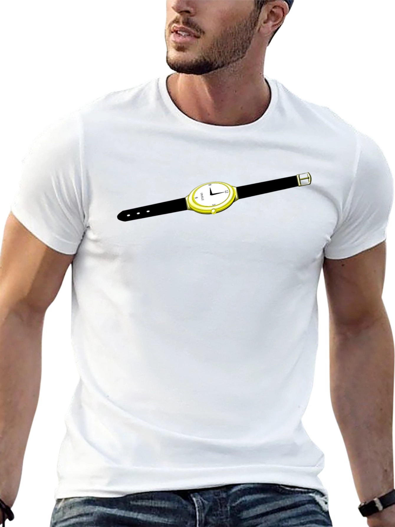 Mens Black T-Shirt with Watch Graphic