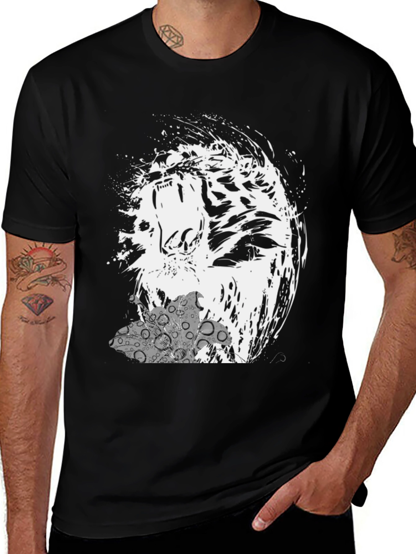 Abstract Tiger Graphic Print Black T-Shirt