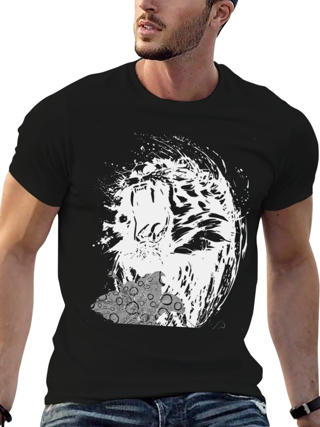 Abstract Tiger Graphic Print Black T-Shirt