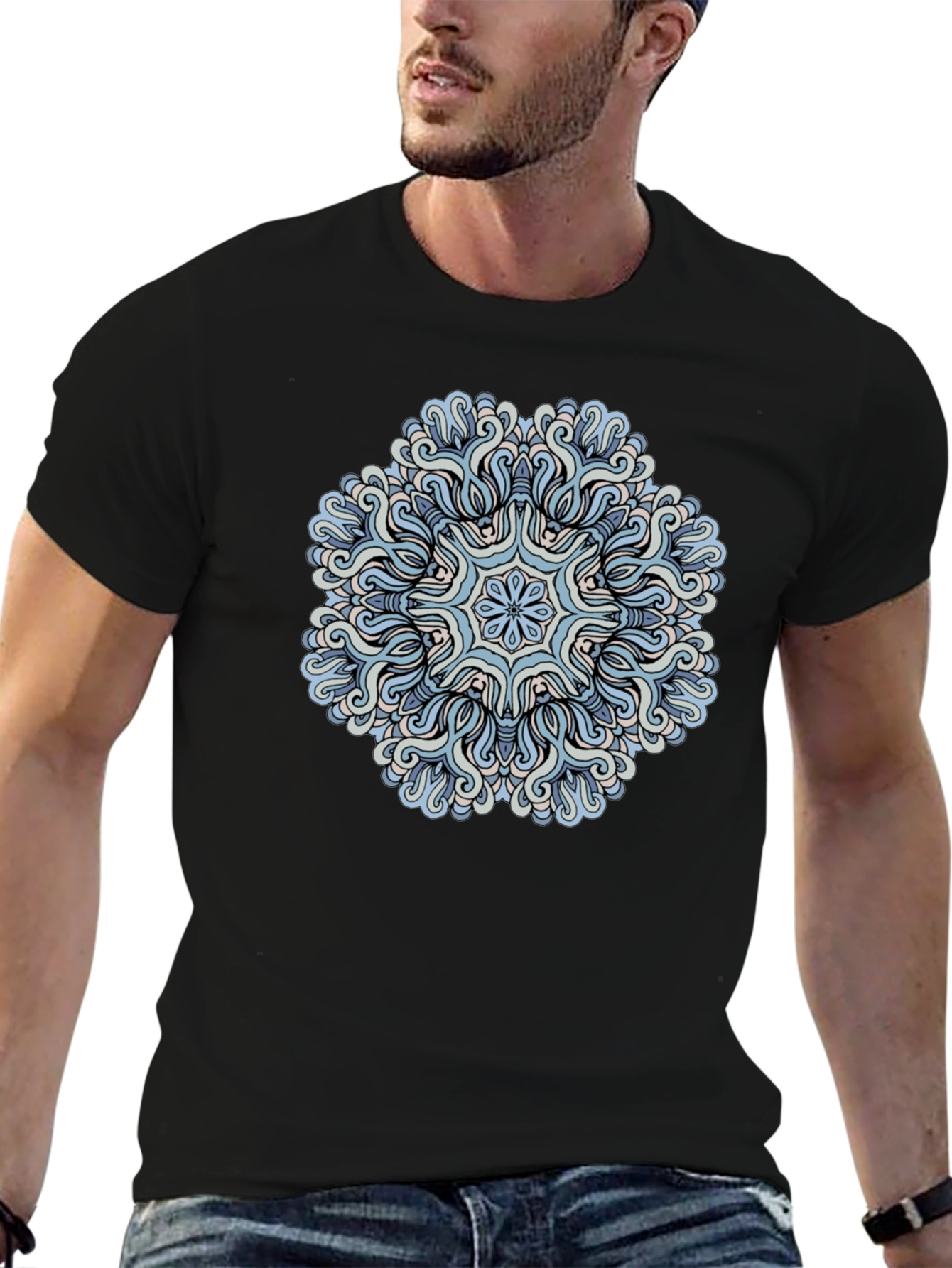 Blue Mandala Graphic Tee - Mens Black T-Shirt