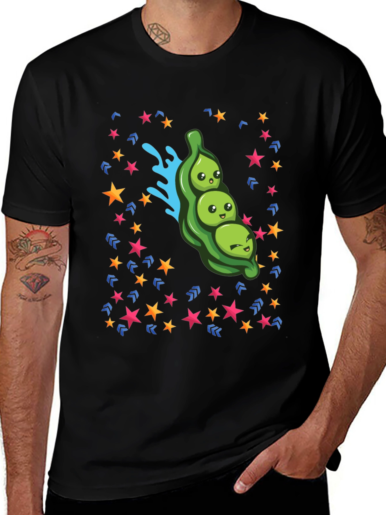 Cartoon Three Peas in a Pod Black T-Shirt