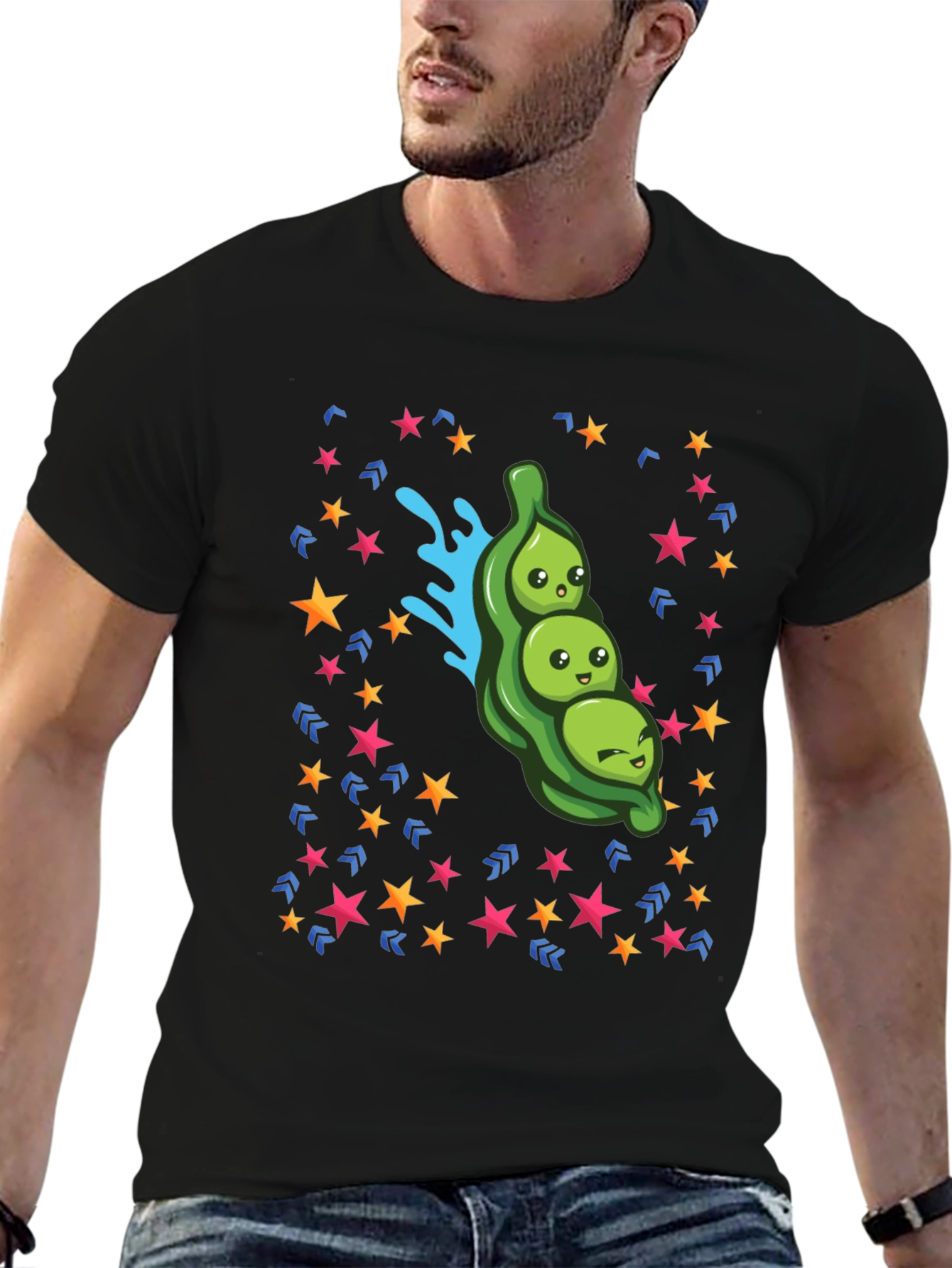 Cartoon Three Peas in a Pod Black T-Shirt