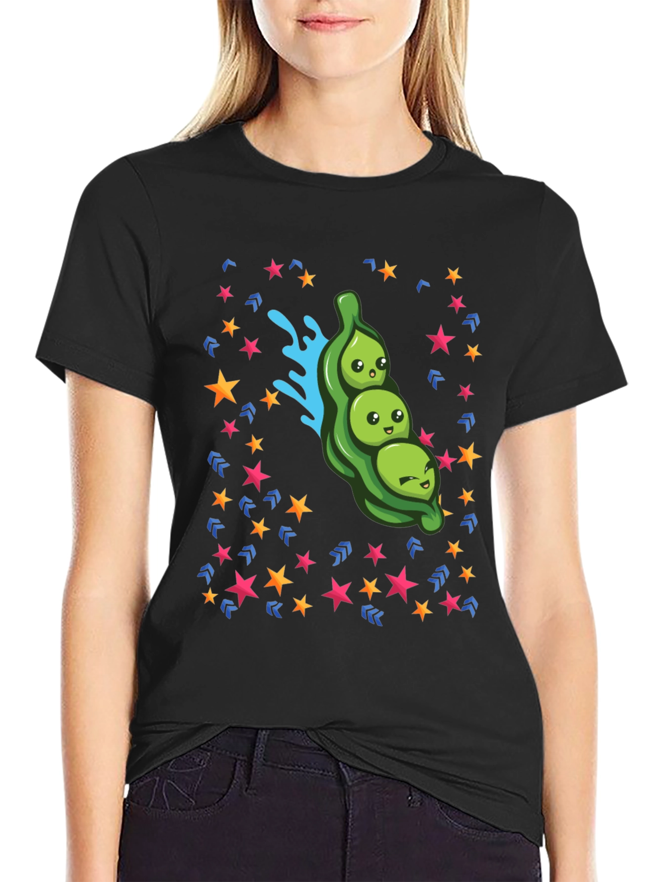 Cartoon Three Peas in a Pod Black T-Shirt