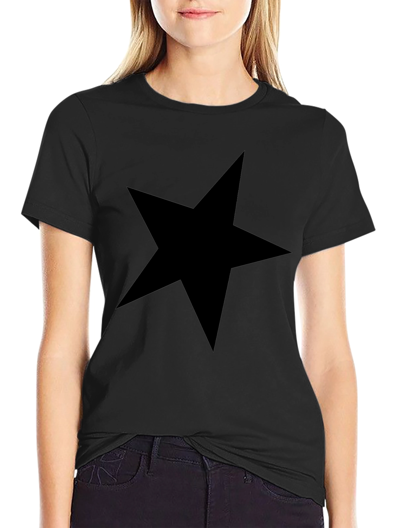 Bold Star Graphic Tee - Black Cotton Casual T-Shirt