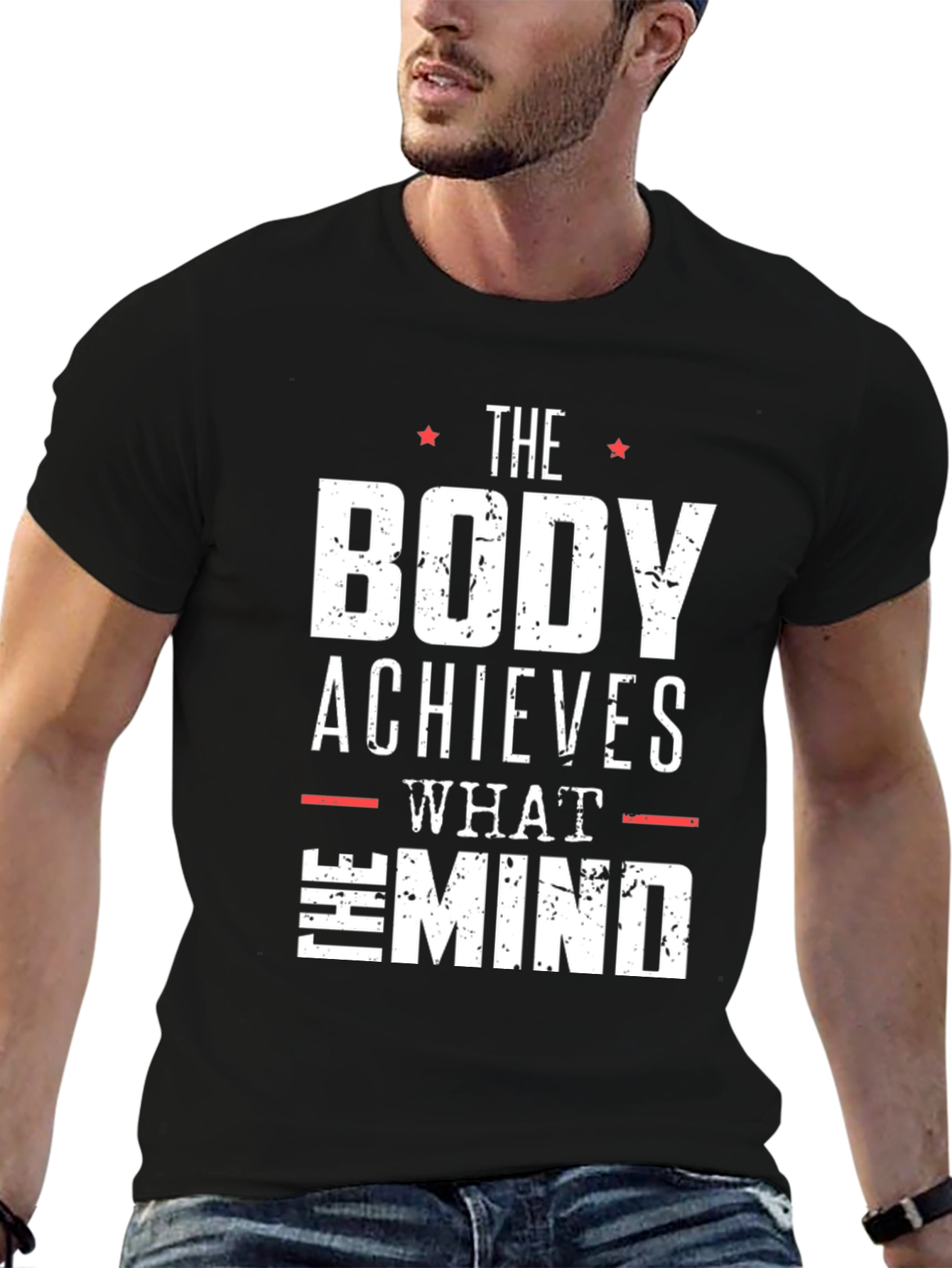 Motivational Black T-Shirt: Body Achieves Mind Believes
