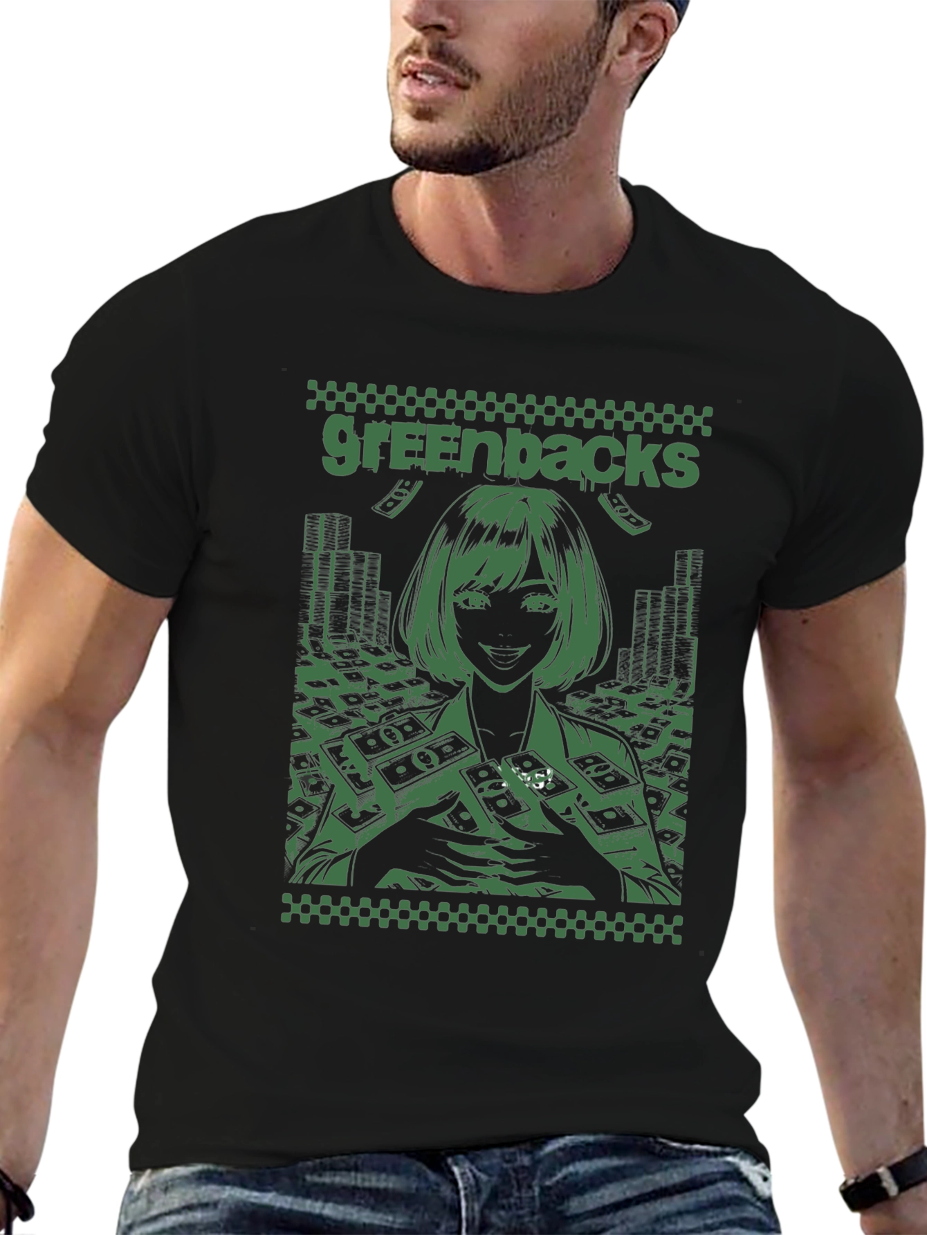 Greenbacks Anime Graphic Black T-Shirt