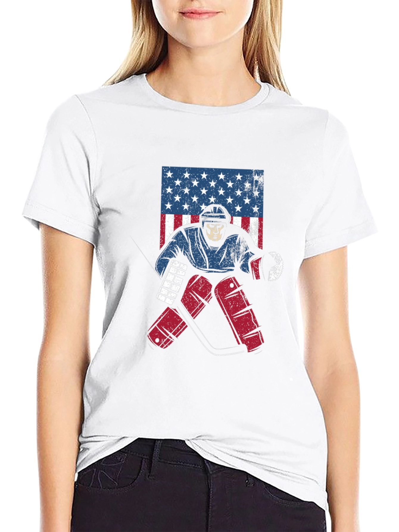 Hockey Skeleton USA Flag Graphic Tee