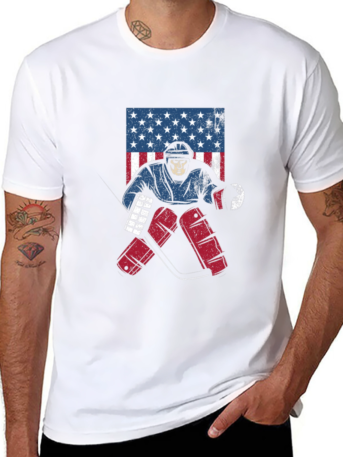 Hockey Skeleton USA Flag Graphic Tee