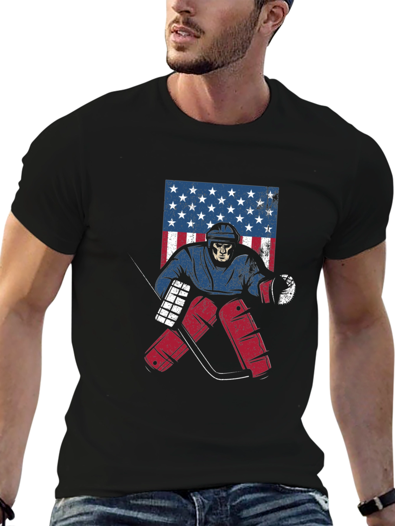 Hockey Skeleton USA Flag Graphic Tee