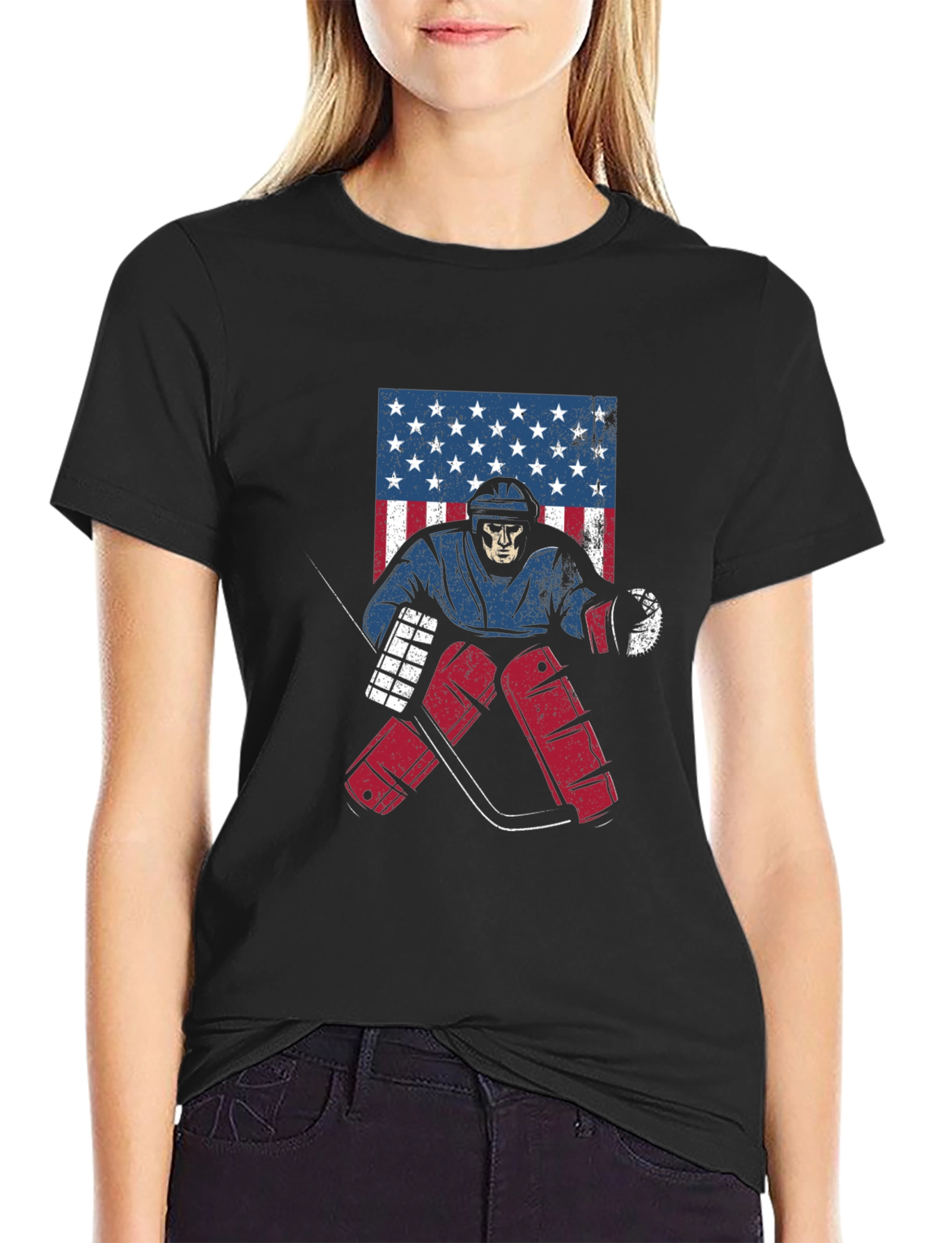 Hockey Skeleton USA Flag Graphic Tee