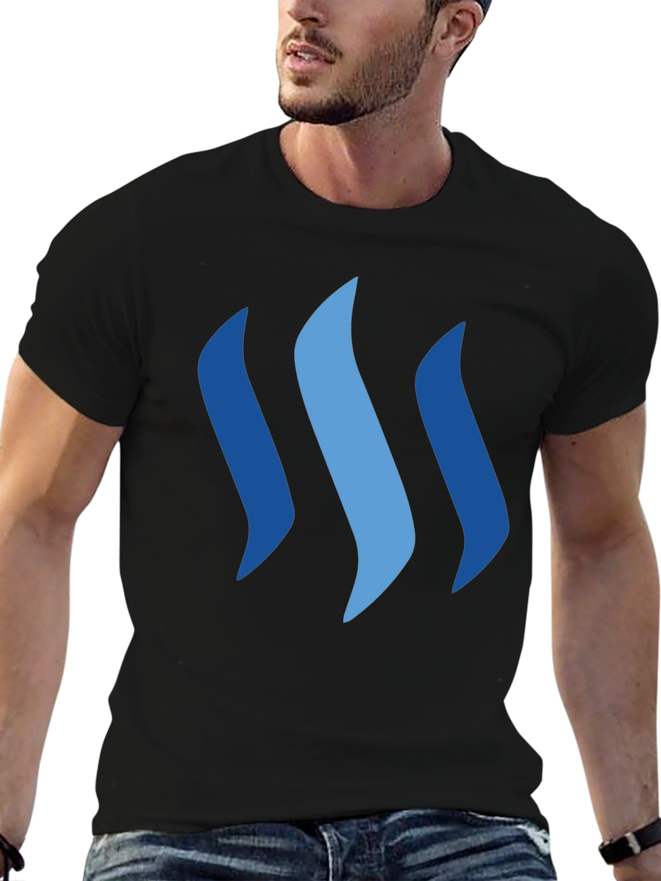 Stylish Blue Graphic Print Black T-Shirt
