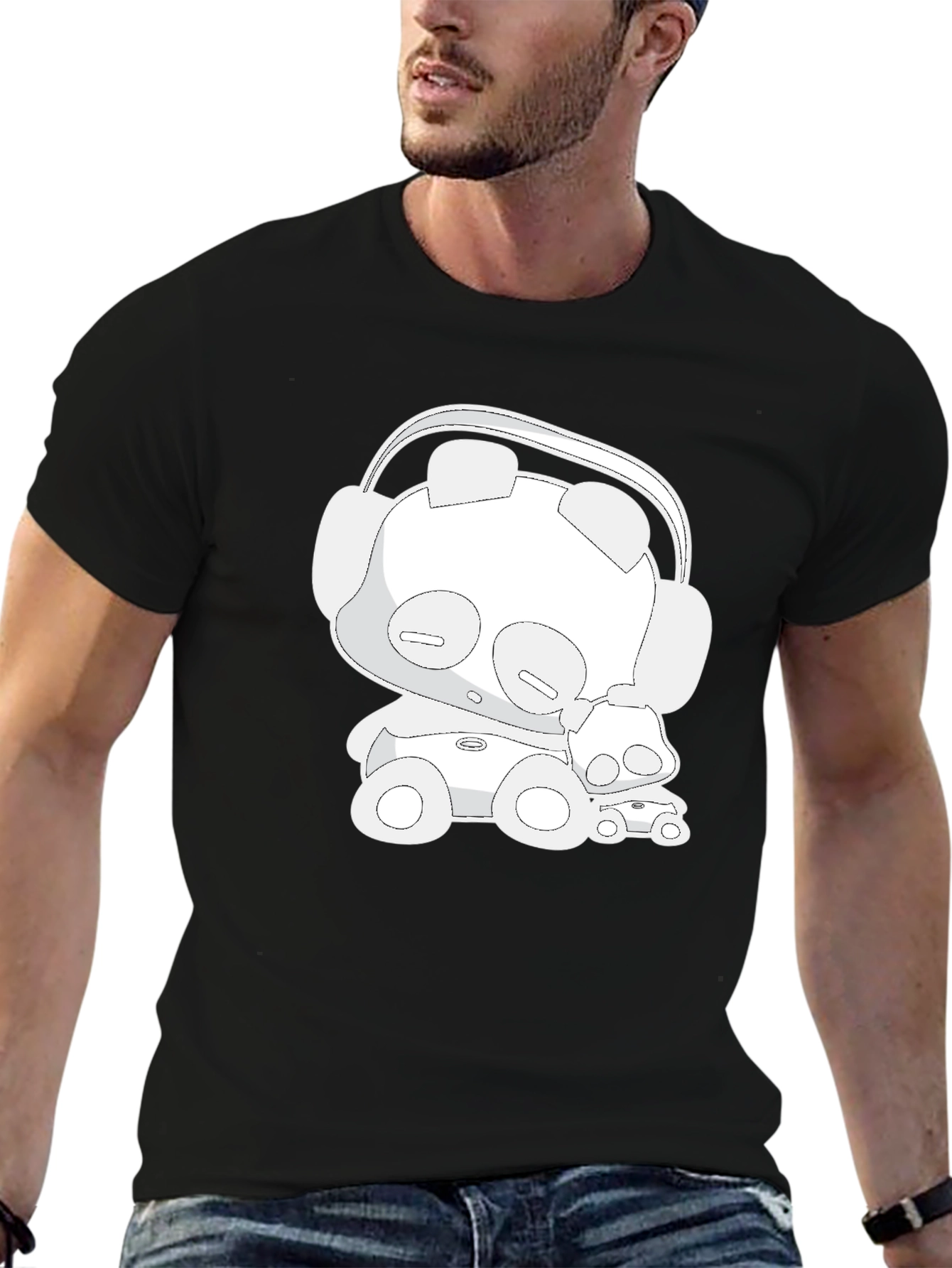Cartoon Bear Headphones Black T-Shirt