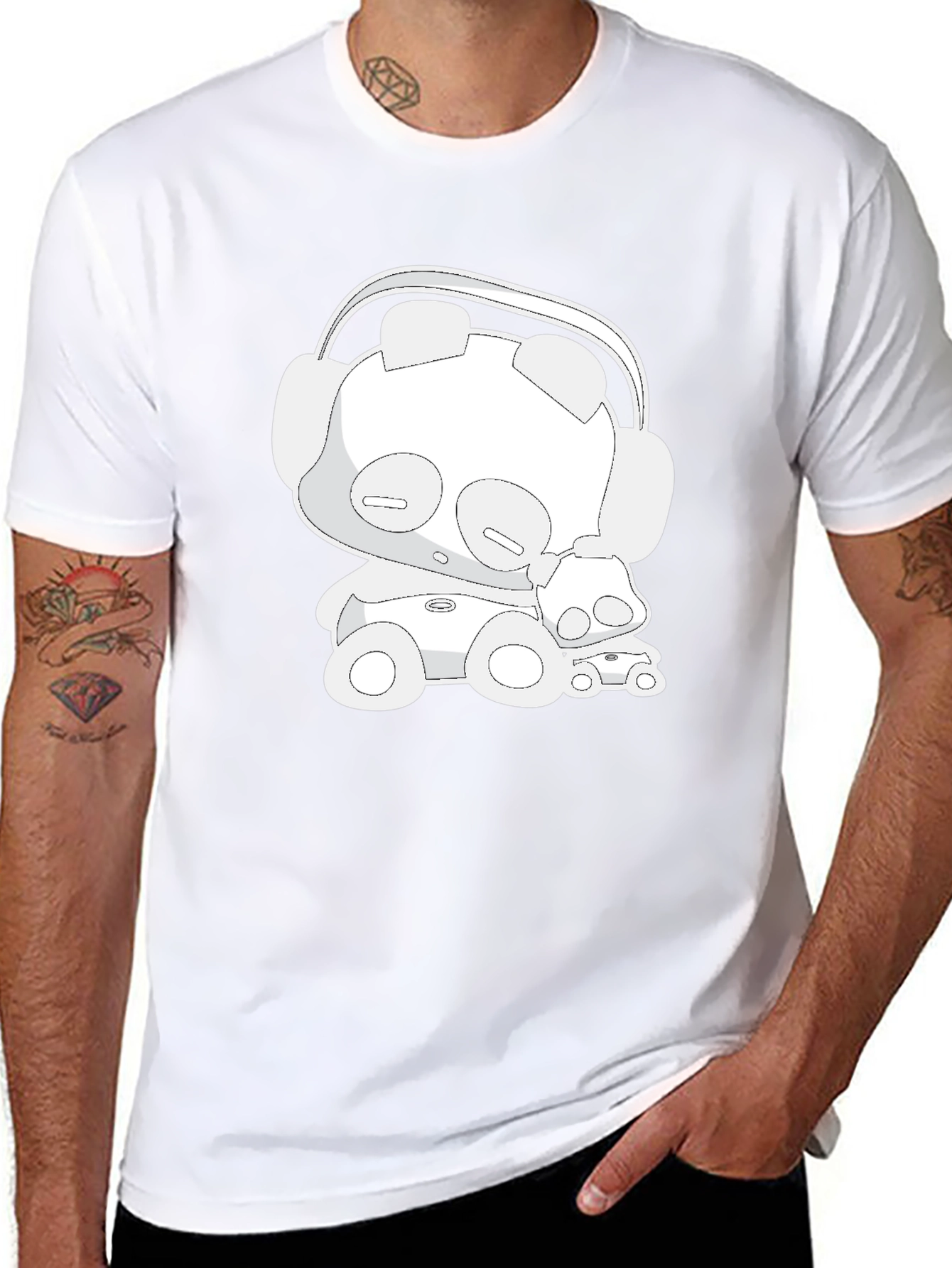 Cartoon Bear Headphones Black T-Shirt