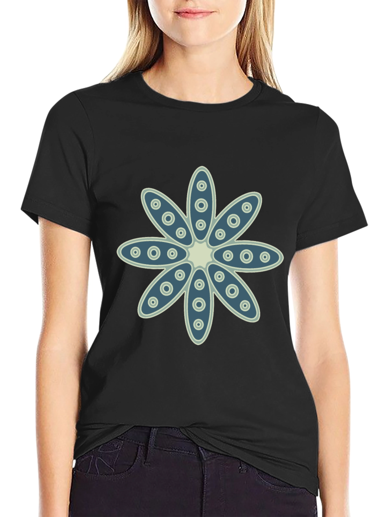 Floral Print Crew Neck Black T-Shirt