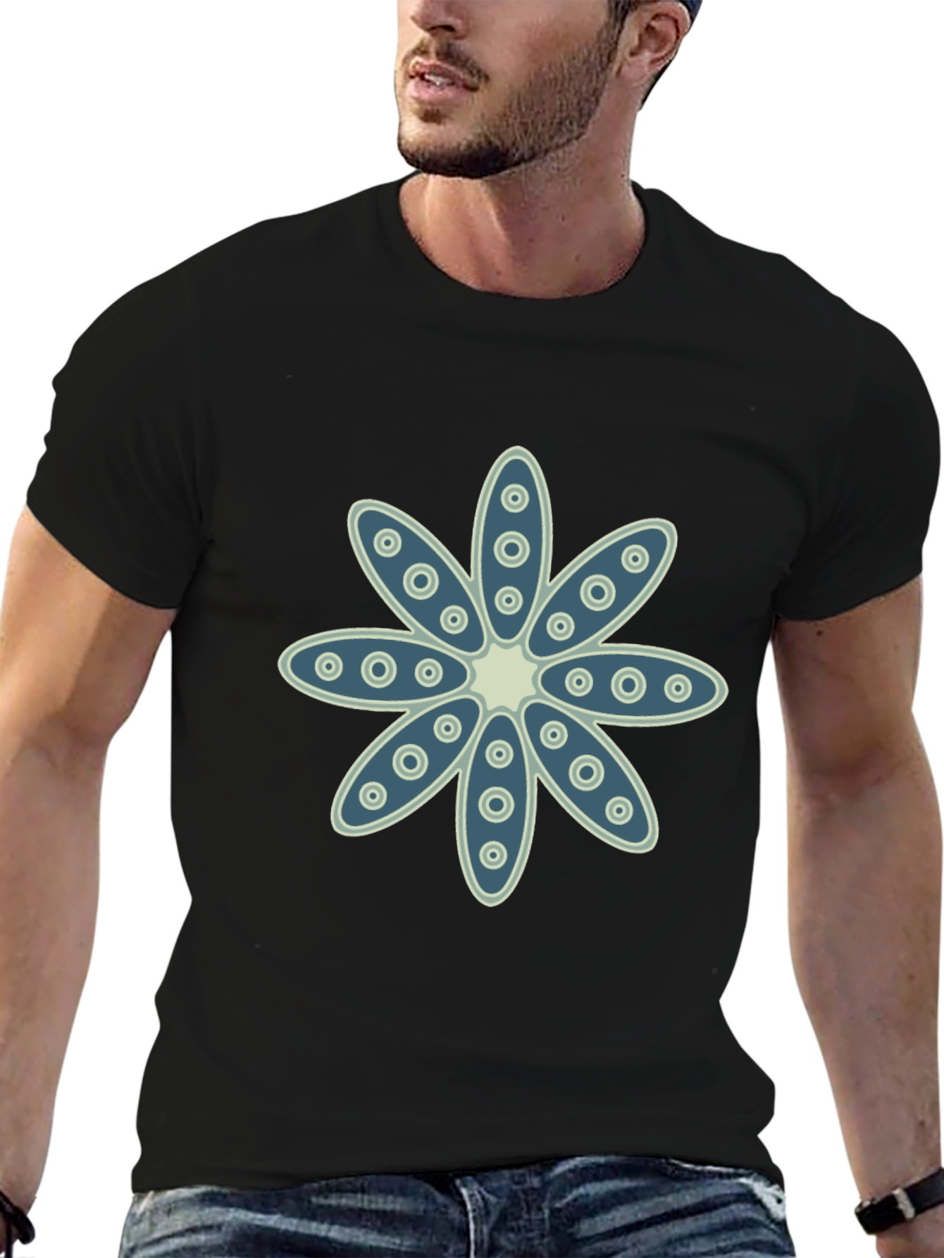 Floral Print Crew Neck Black T-Shirt