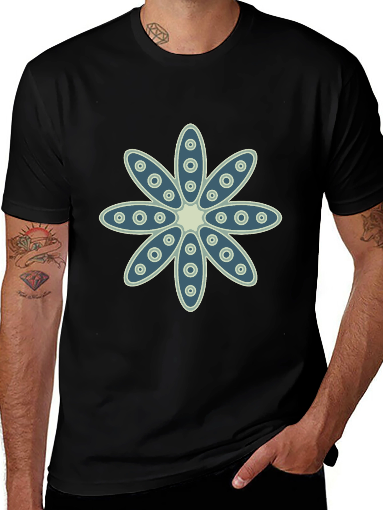 Floral Print Crew Neck Black T-Shirt