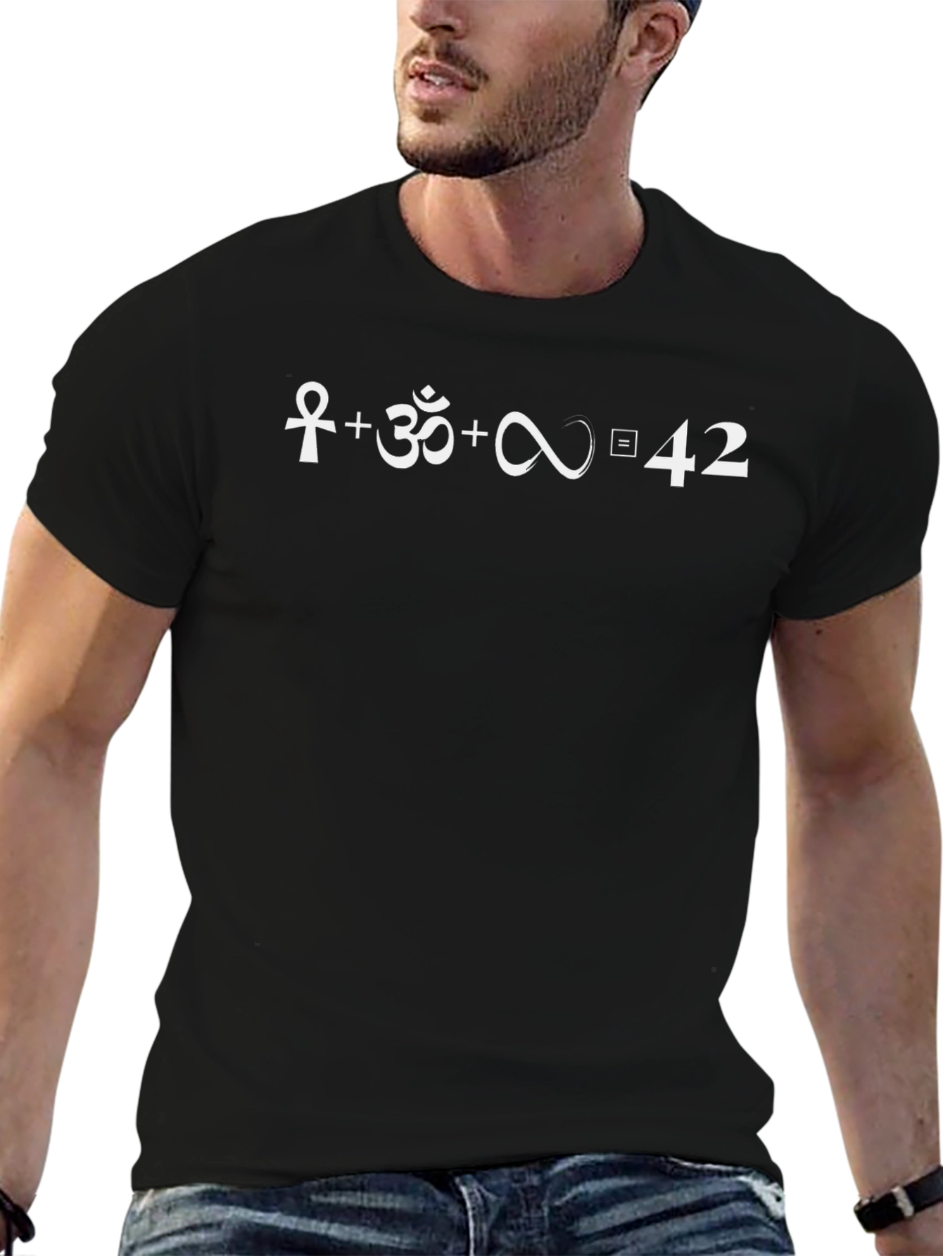 Ankh + Om + Infinity = 42 Black T-Shirt