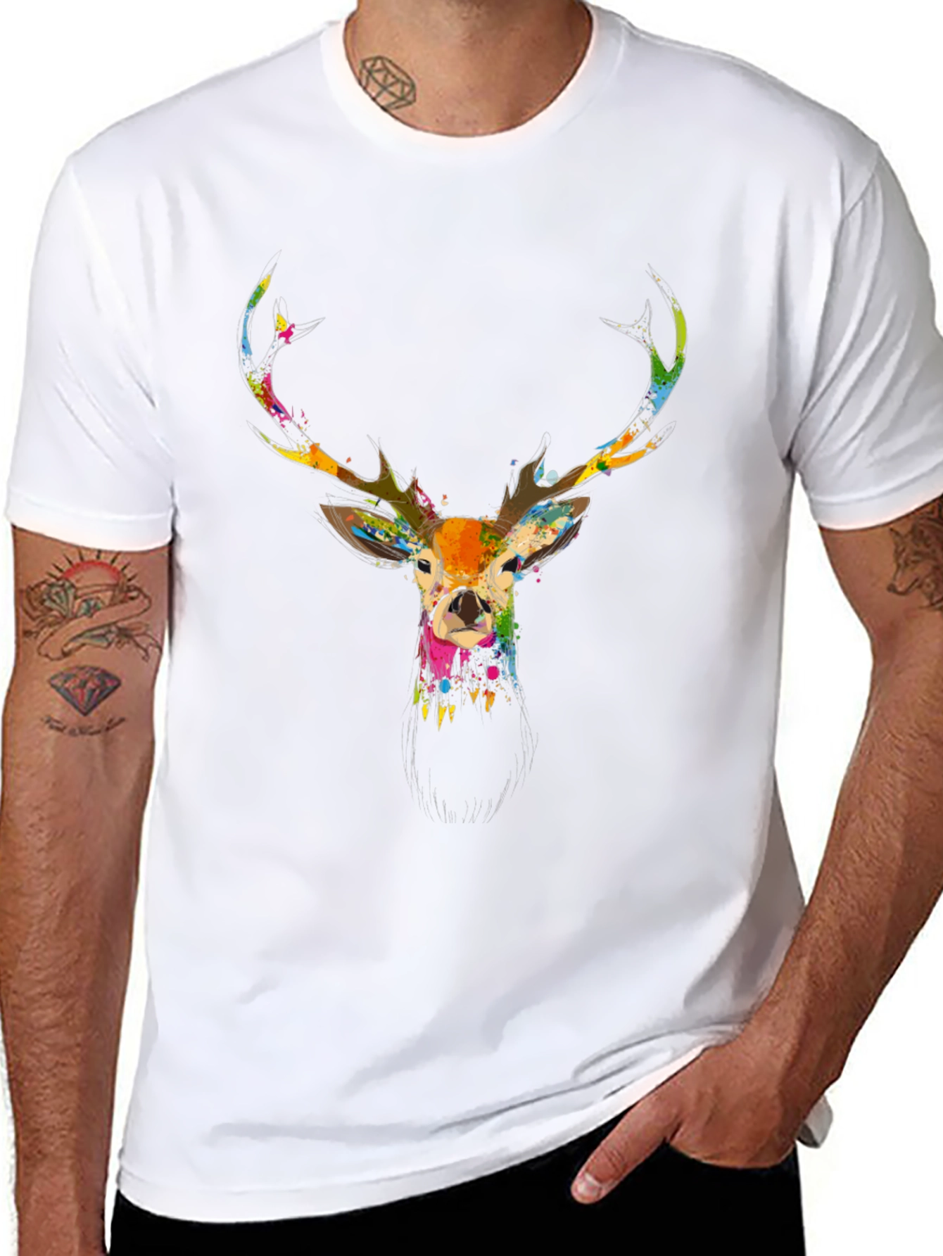 Stylish Mens Black Deer Print T-Shirt