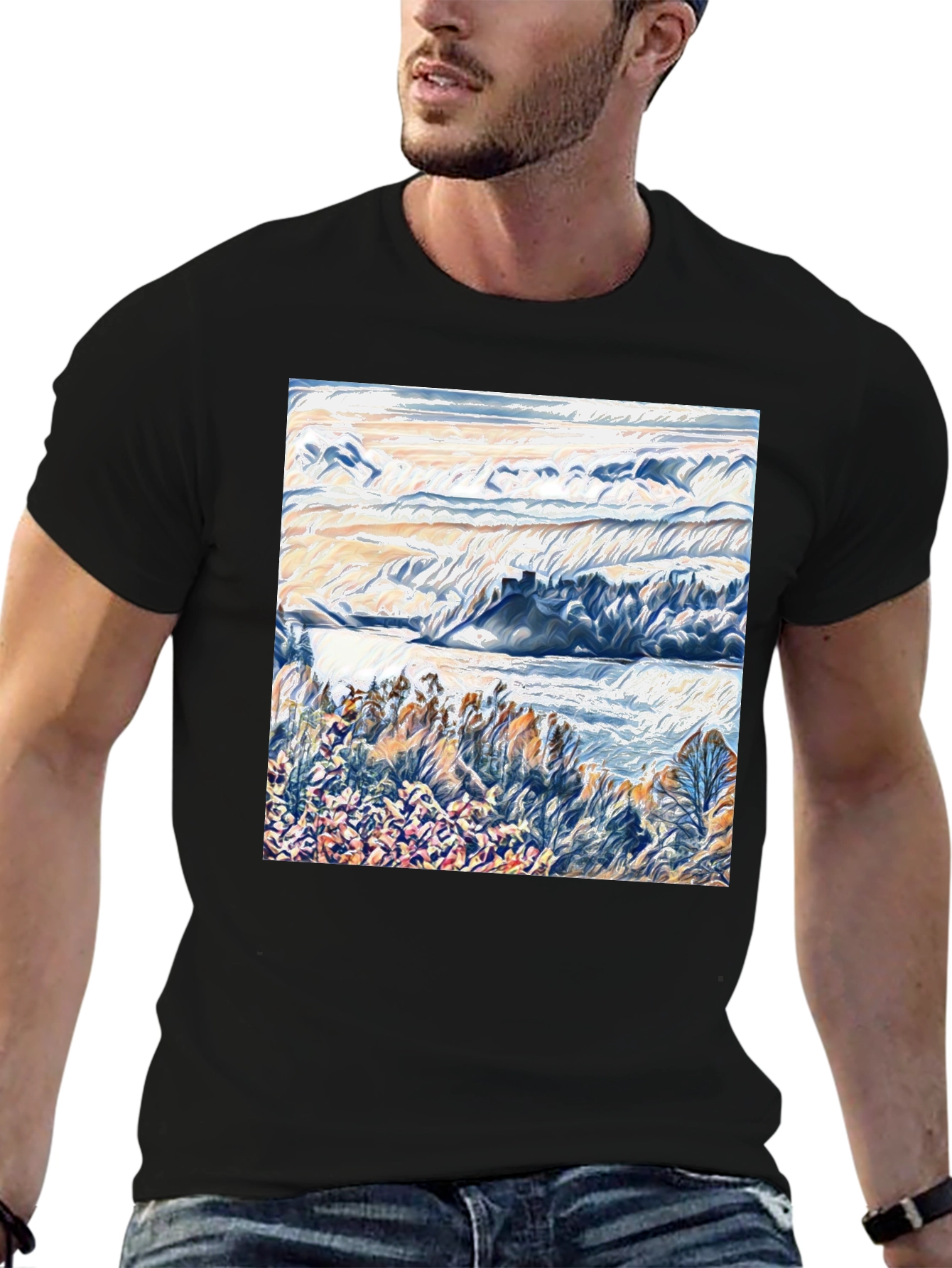 Abstract Landscape Graphic Tee - Artistic Black T-Shirt