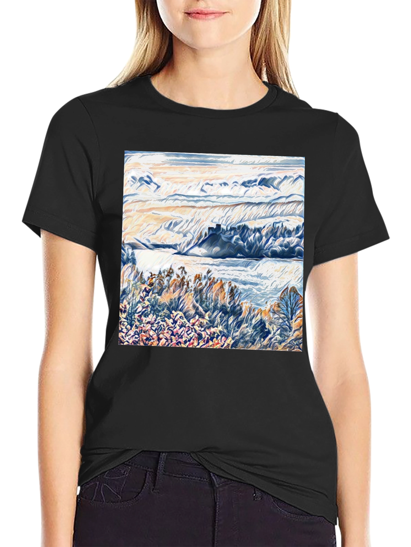 Abstract Landscape Graphic Tee - Artistic Black T-Shirt