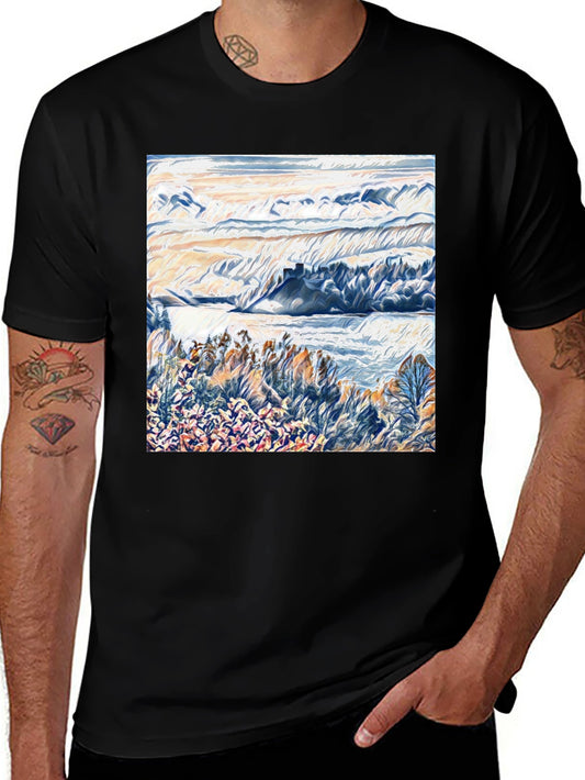 Abstract Landscape Graphic Tee - Artistic Black T-Shirt