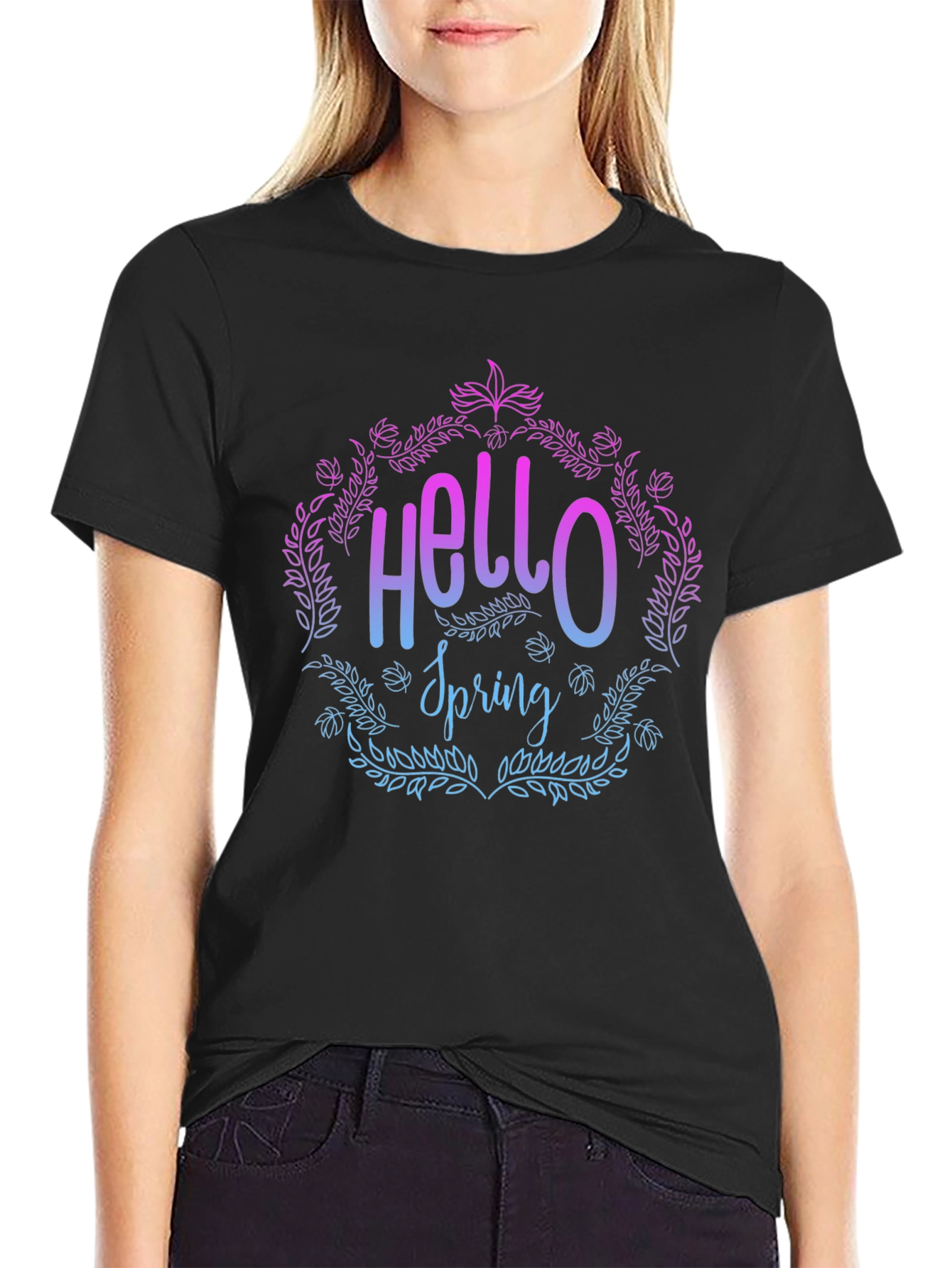 Hello Spring Floral Graphic T-Shirt - Black