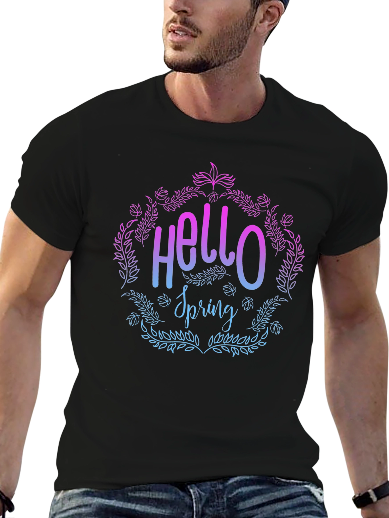 Hello Spring Floral Graphic T-Shirt - Black