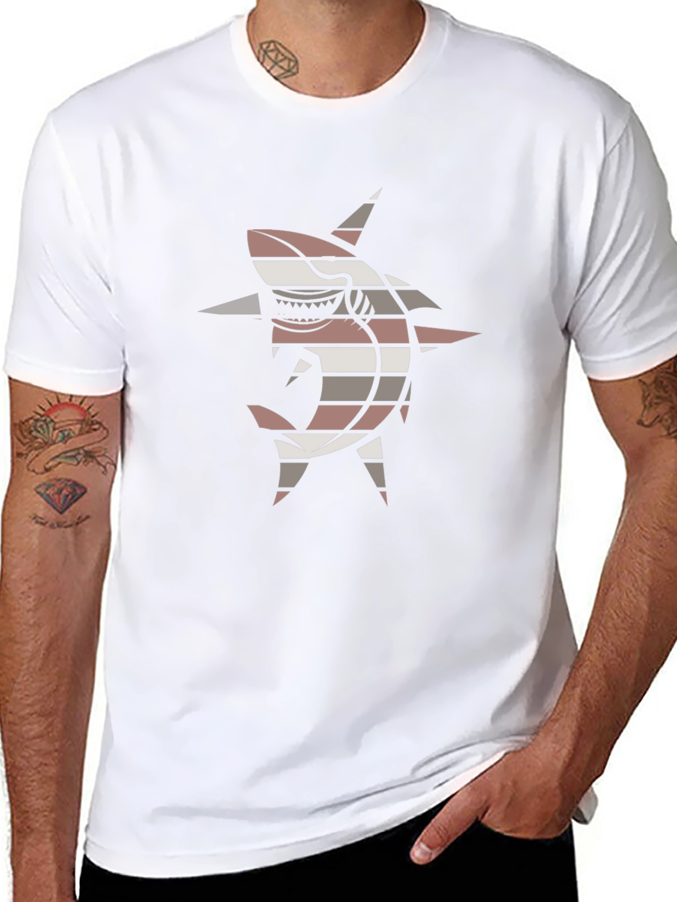 Striped Shark Graphic Tee - Black Casual T-Shirt