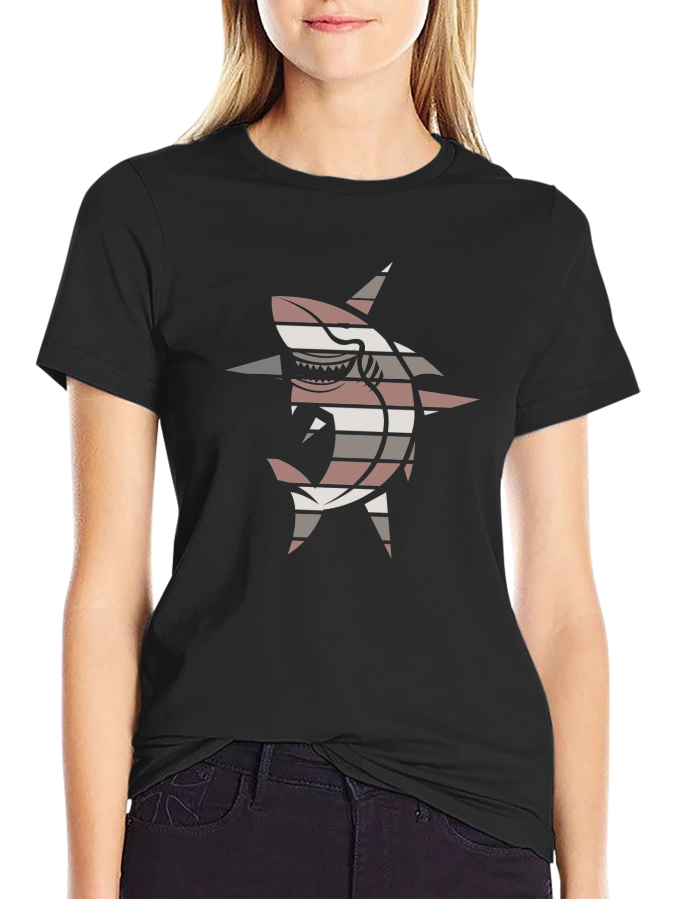 Striped Shark Graphic Tee - Black Casual T-Shirt