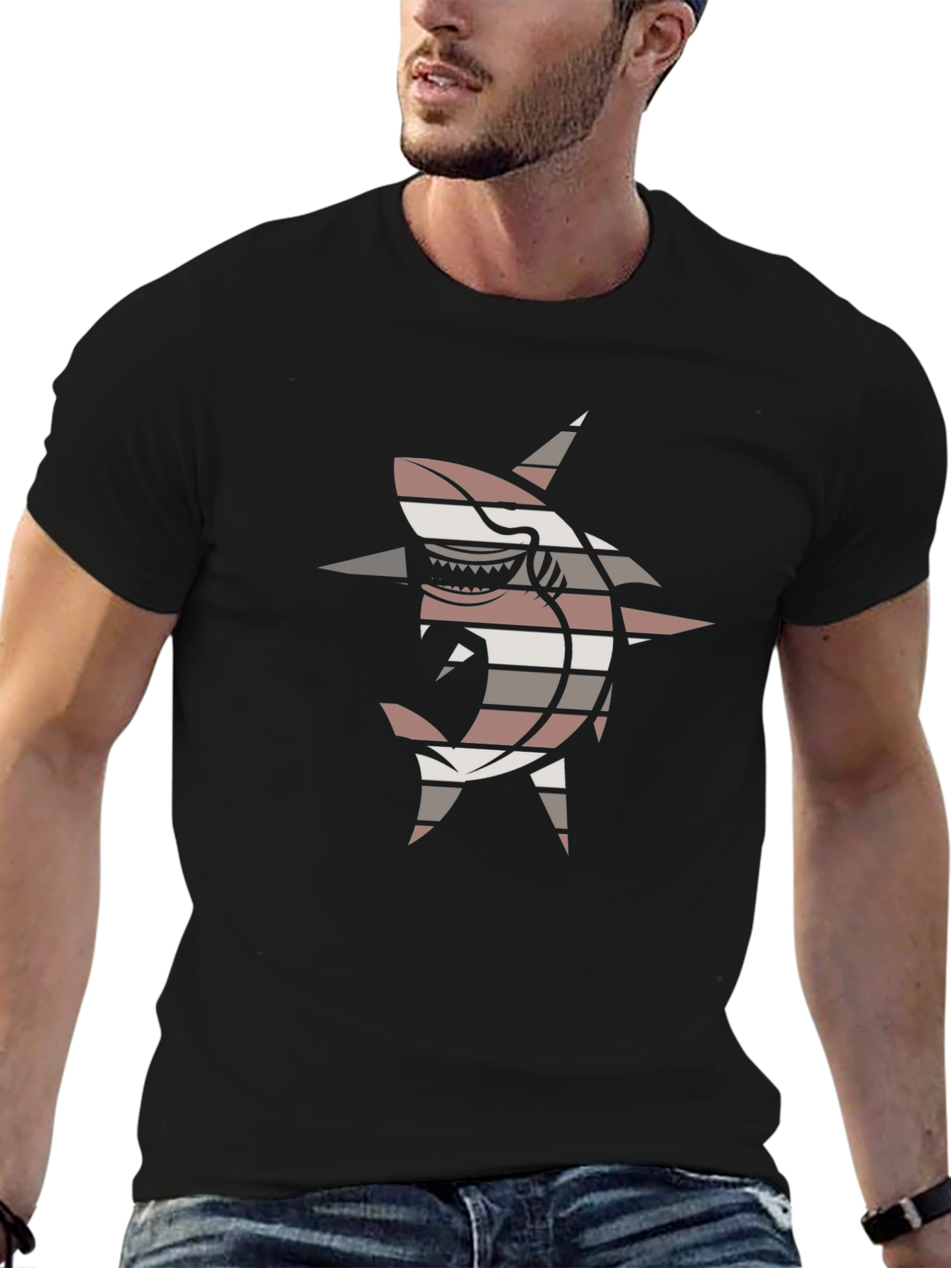 Striped Shark Graphic Tee - Black Casual T-Shirt