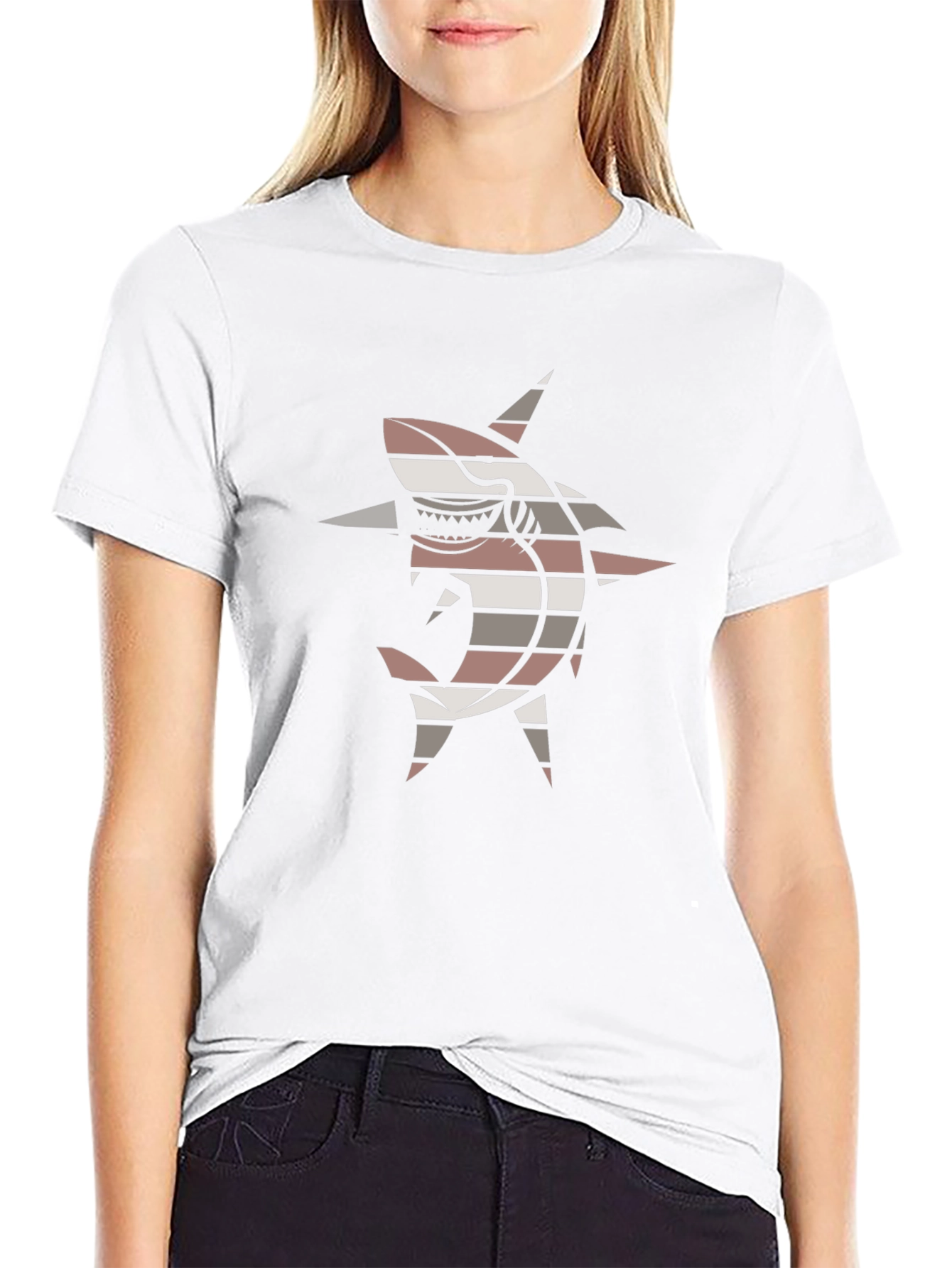 Striped Shark Graphic Tee - Black Casual T-Shirt