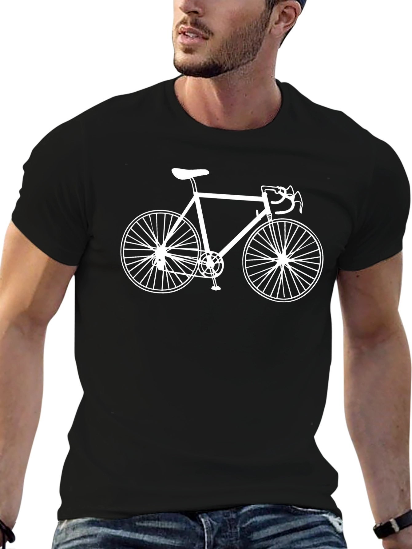 Mens Black T-Shirt with White Bicycle Print