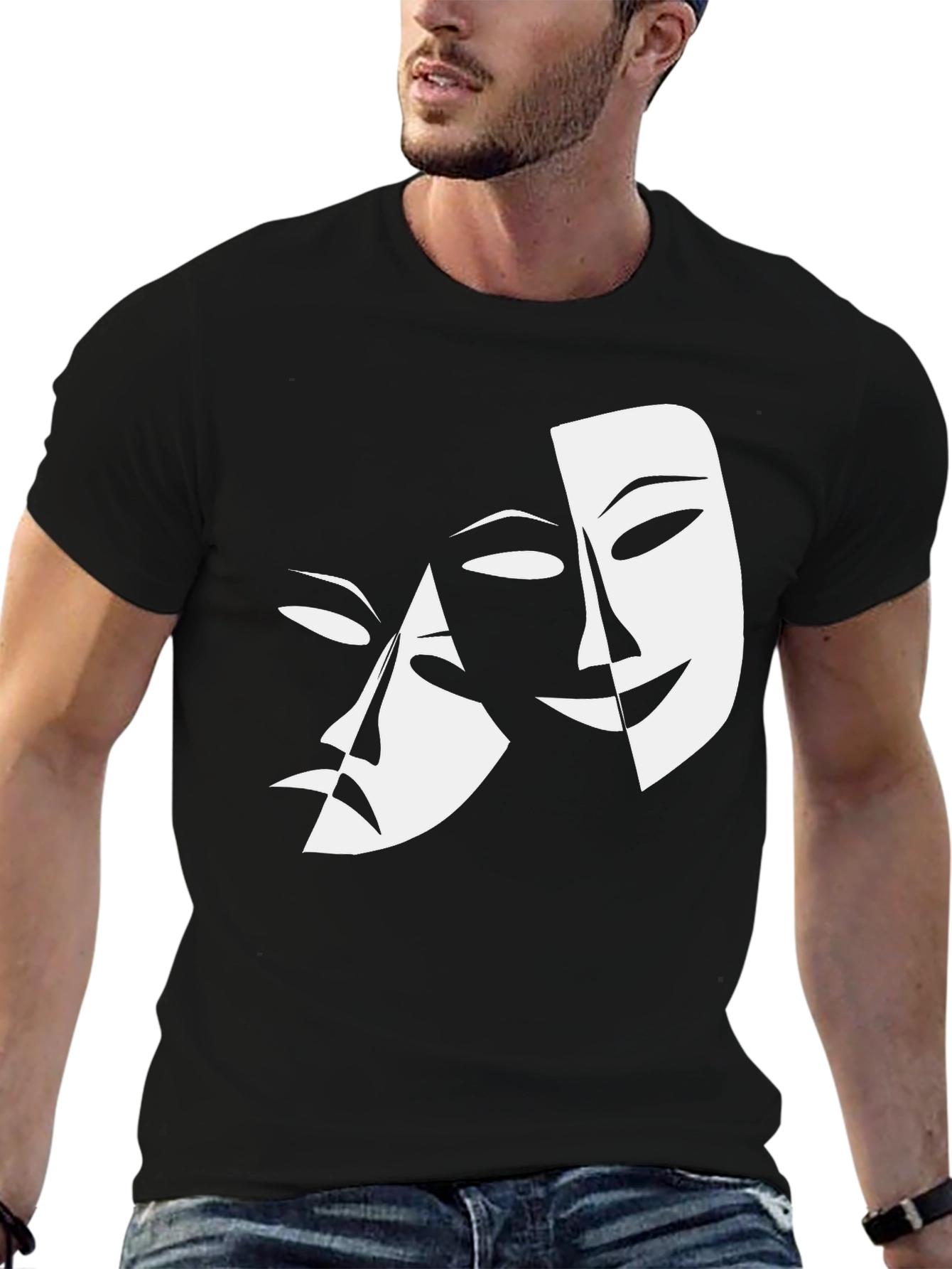 Comedy Tragedy Masks Graphic Tee - Black Cotton Shirt