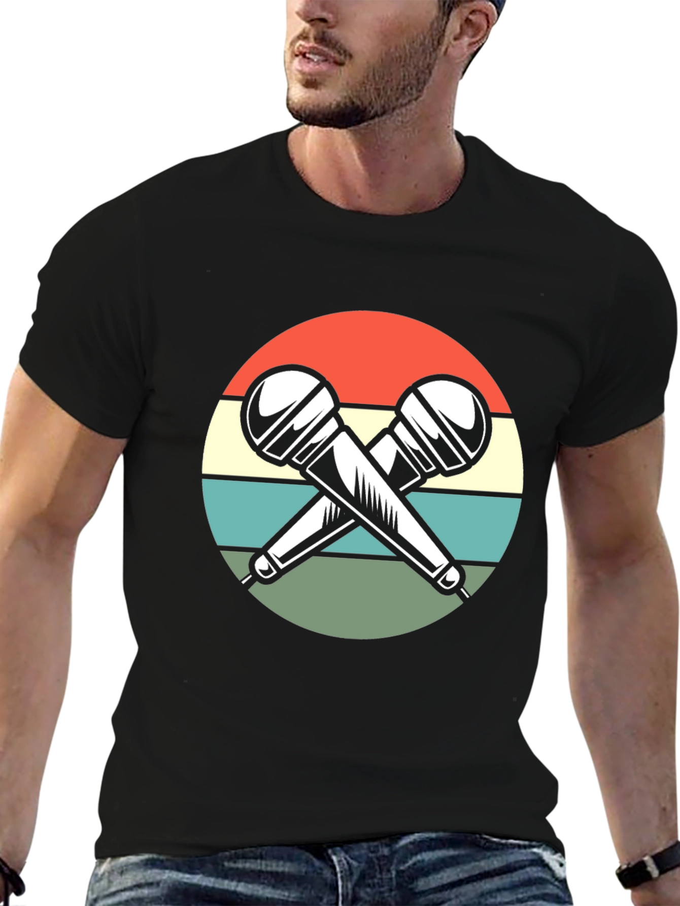 Retro Microphone Graphic T-Shirt - Black