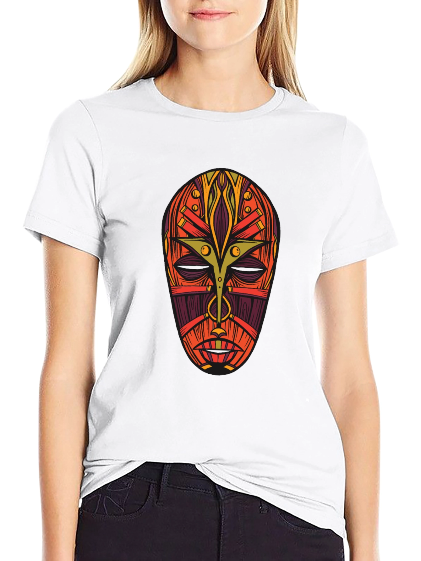 Tribal Mask Graphic Tee - Bold Artistic Design