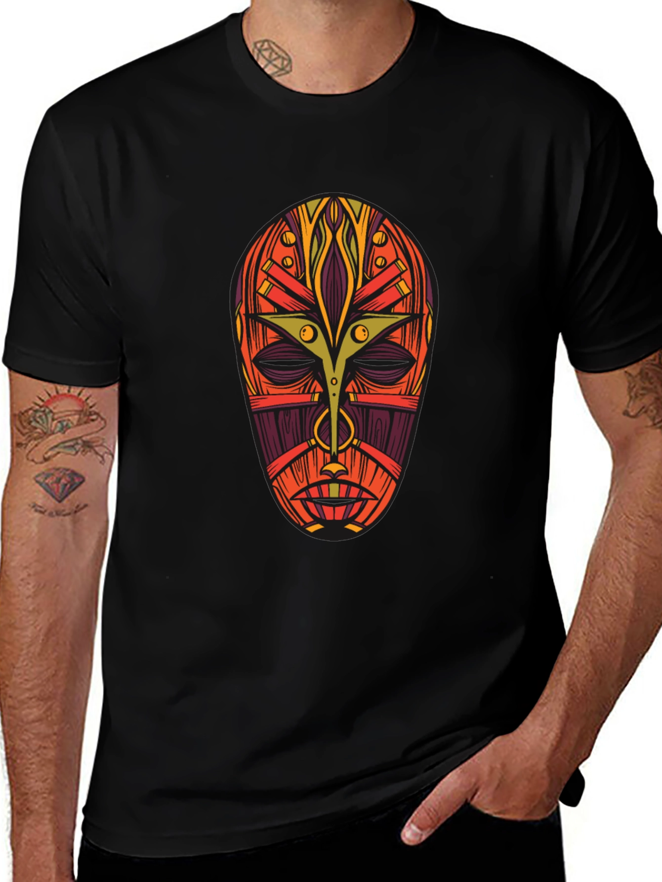 Tribal Mask Graphic Tee - Bold Artistic Design