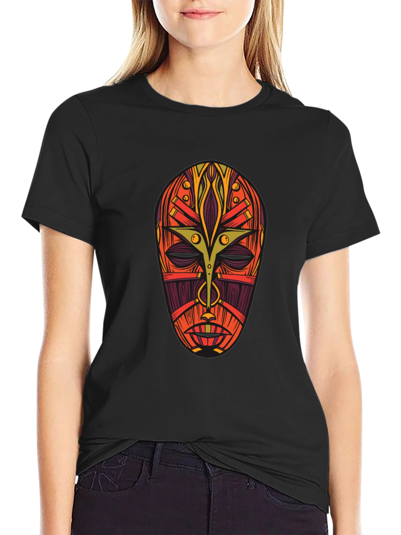 Tribal Mask Graphic Tee - Bold Artistic Design