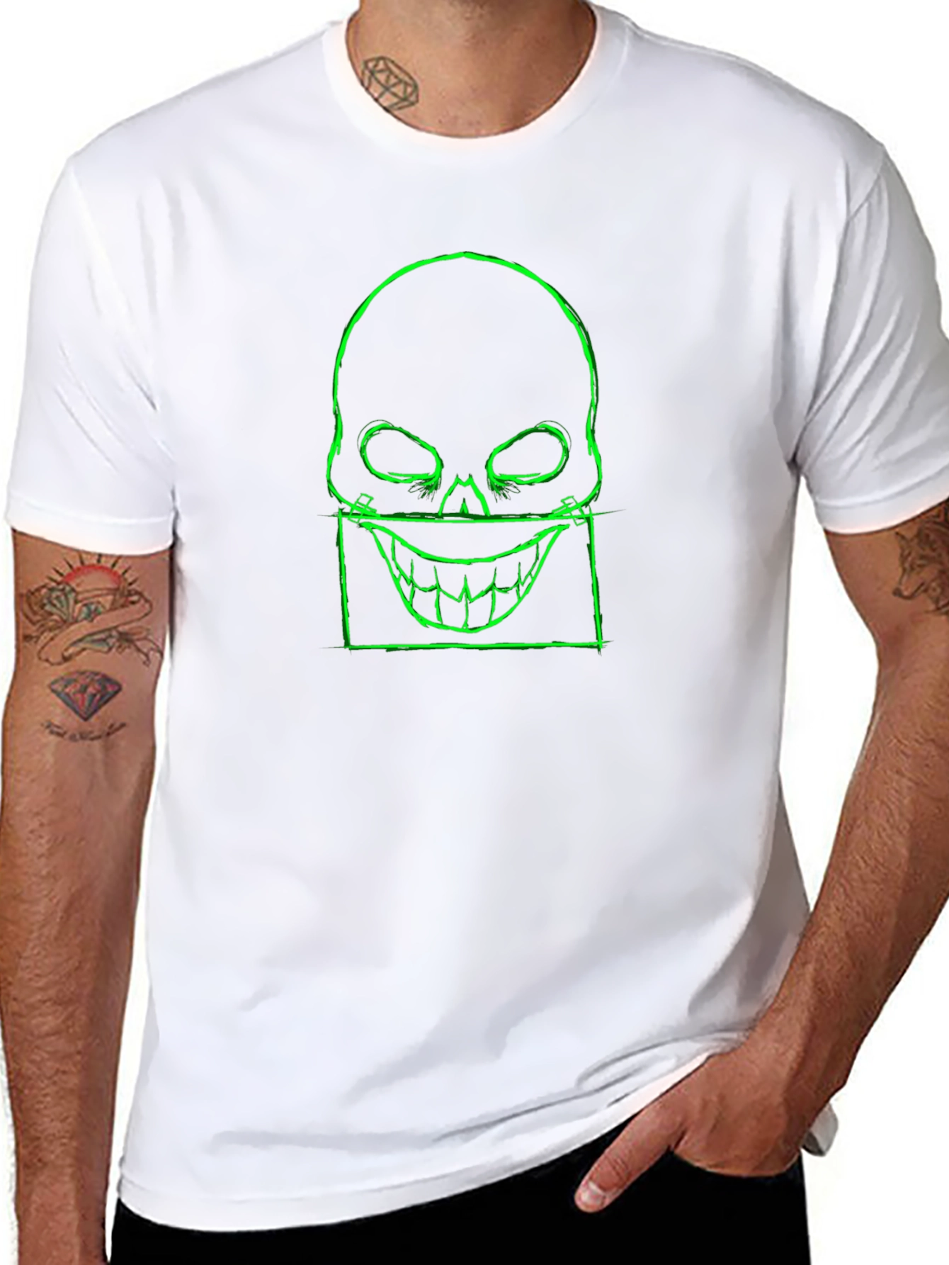 Mens Black T-Shirt with Neon Green Skull Graphic